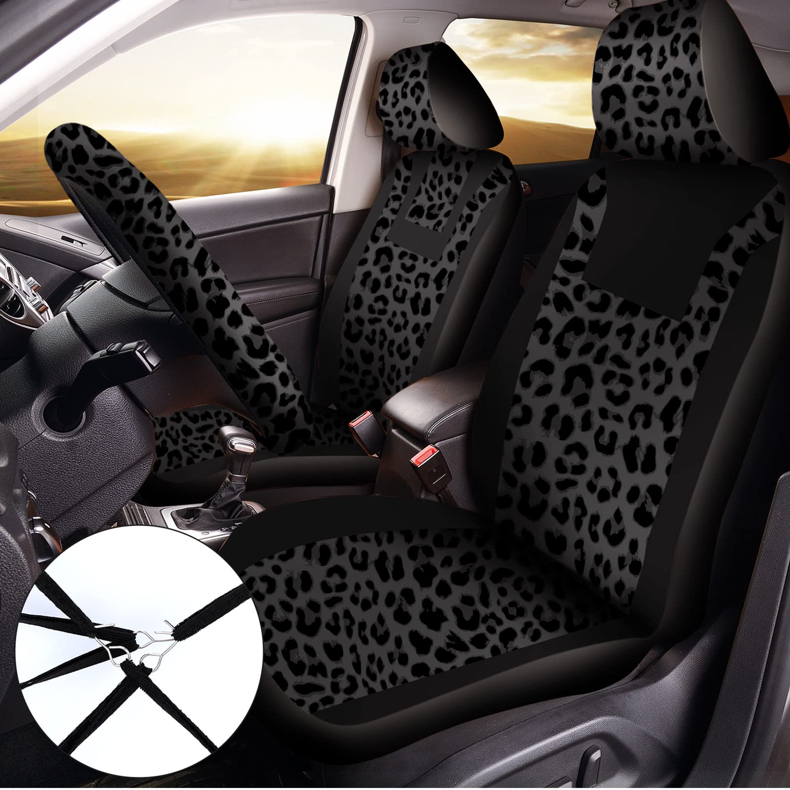 13 Pcs Leopard Print Car Accessories Set, Includes Seat Covers Set Leopard Steering