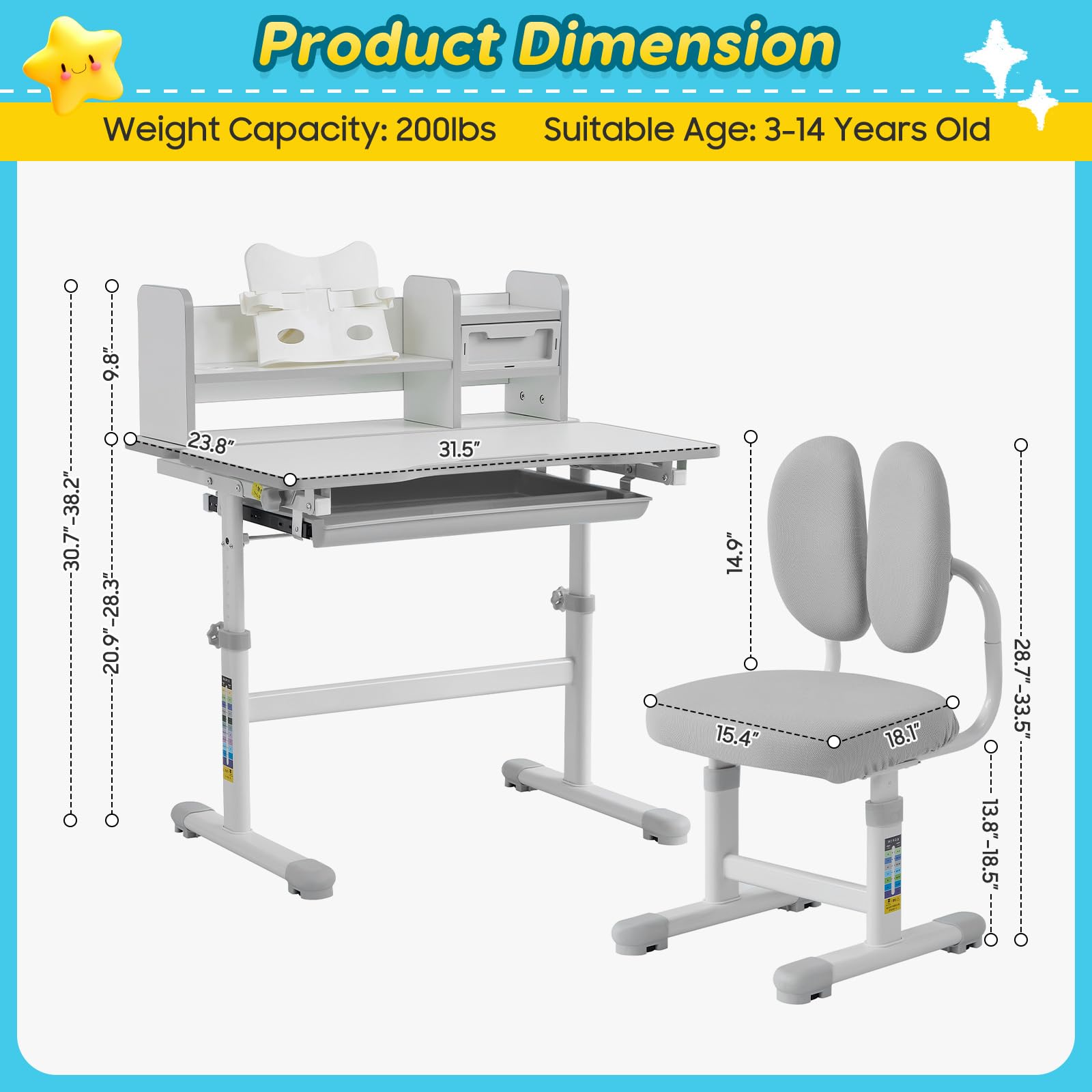 Ergonomic Kids Desk and Chair Set with Adjustable Height and Tilting Desktop