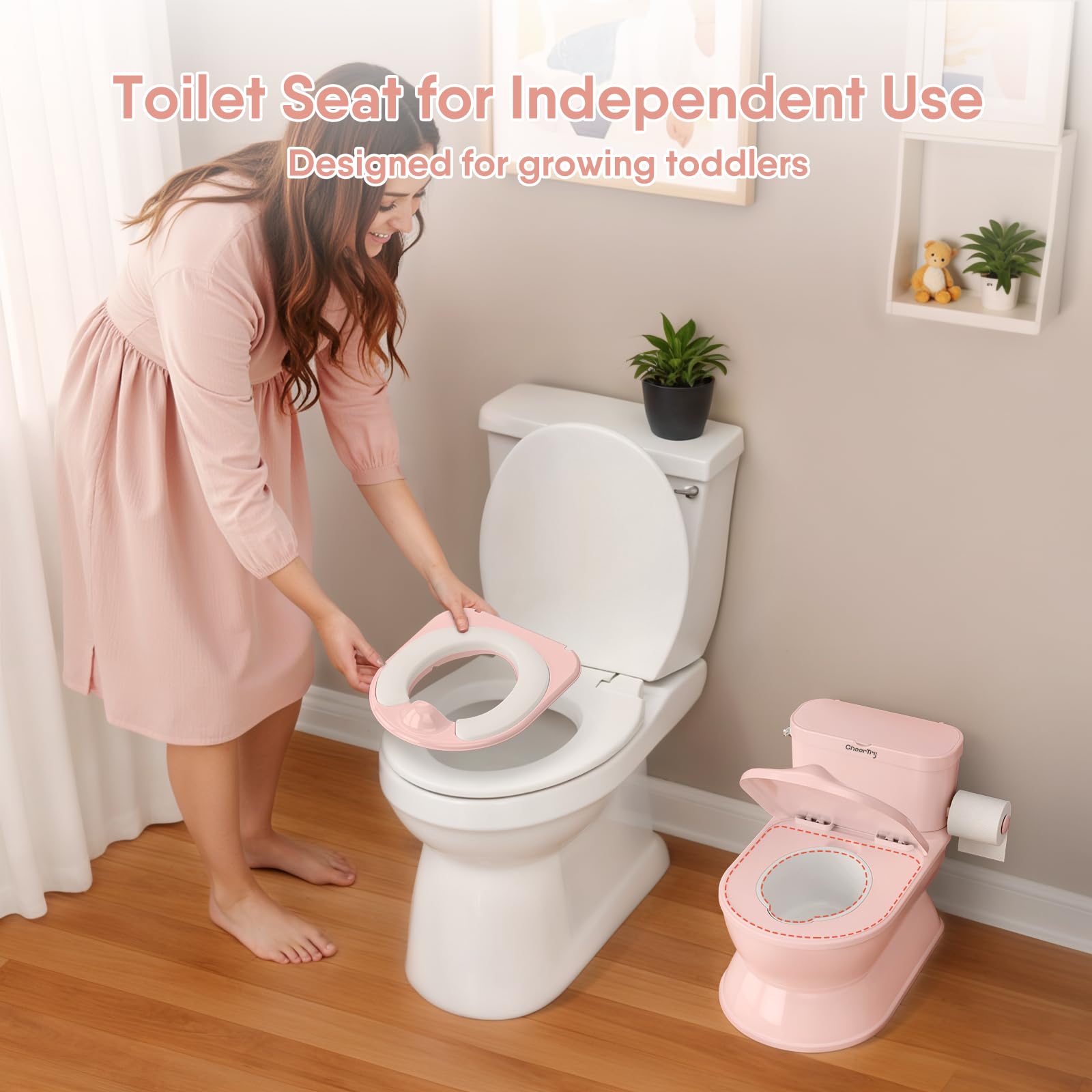CheerTry 2-in-1 Toddler Potty Training Toilet - Larger Potty Chair & Detachable Training Seat for Boys & Girls Ages 1-3 with Flushing Sound, Wipes Storage, Toilet Paper Holder