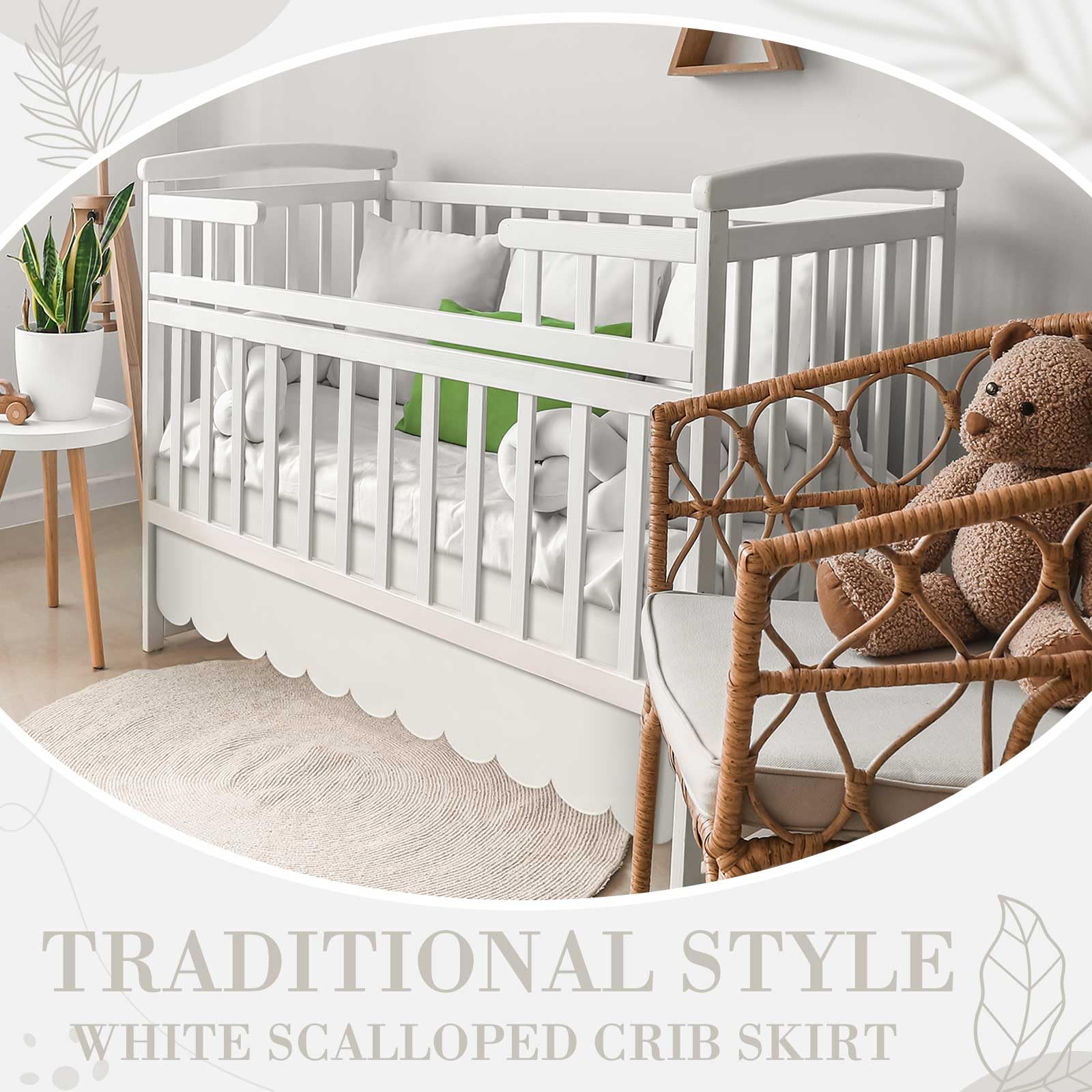 Hahafelt Scalloped Crib Skirt 28"x 52" with Drop Pleated Dust Ruffle with Split Corners for Baby Boys Girls Soft 4-Sided Crib Bed Skirt Nursery Standard Toddler Bedding(14" Drop,Beige)