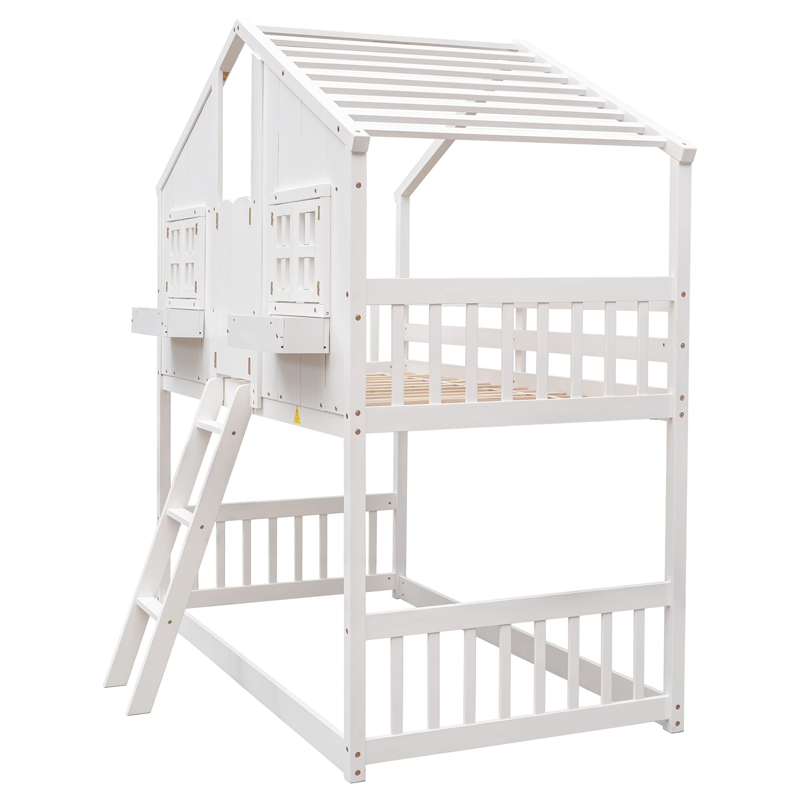 Designs House Bunk Bed Twin Over Twin for Kids, Wood Bunk Beds with Roof