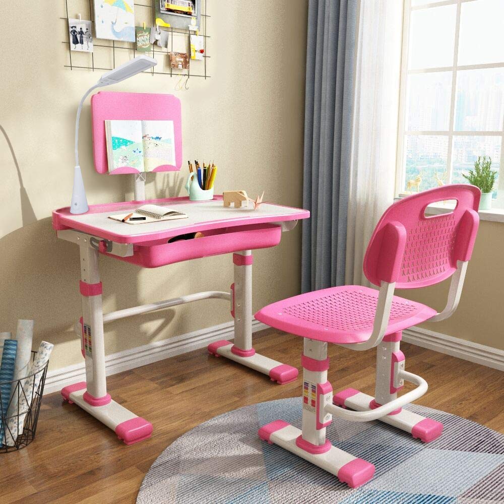 Height Adjustable Kids Desk and Chair Set with LED Lamp