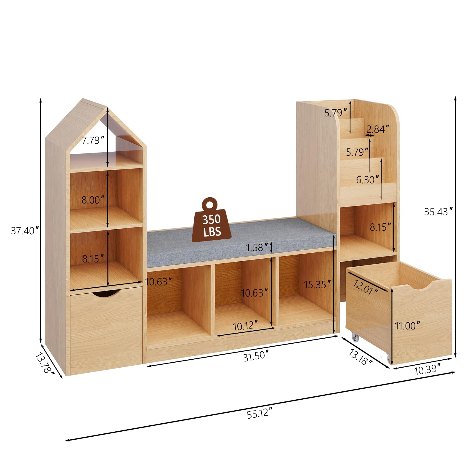 Kids Bookcase with Reading Nook and Toy Storage Organizer