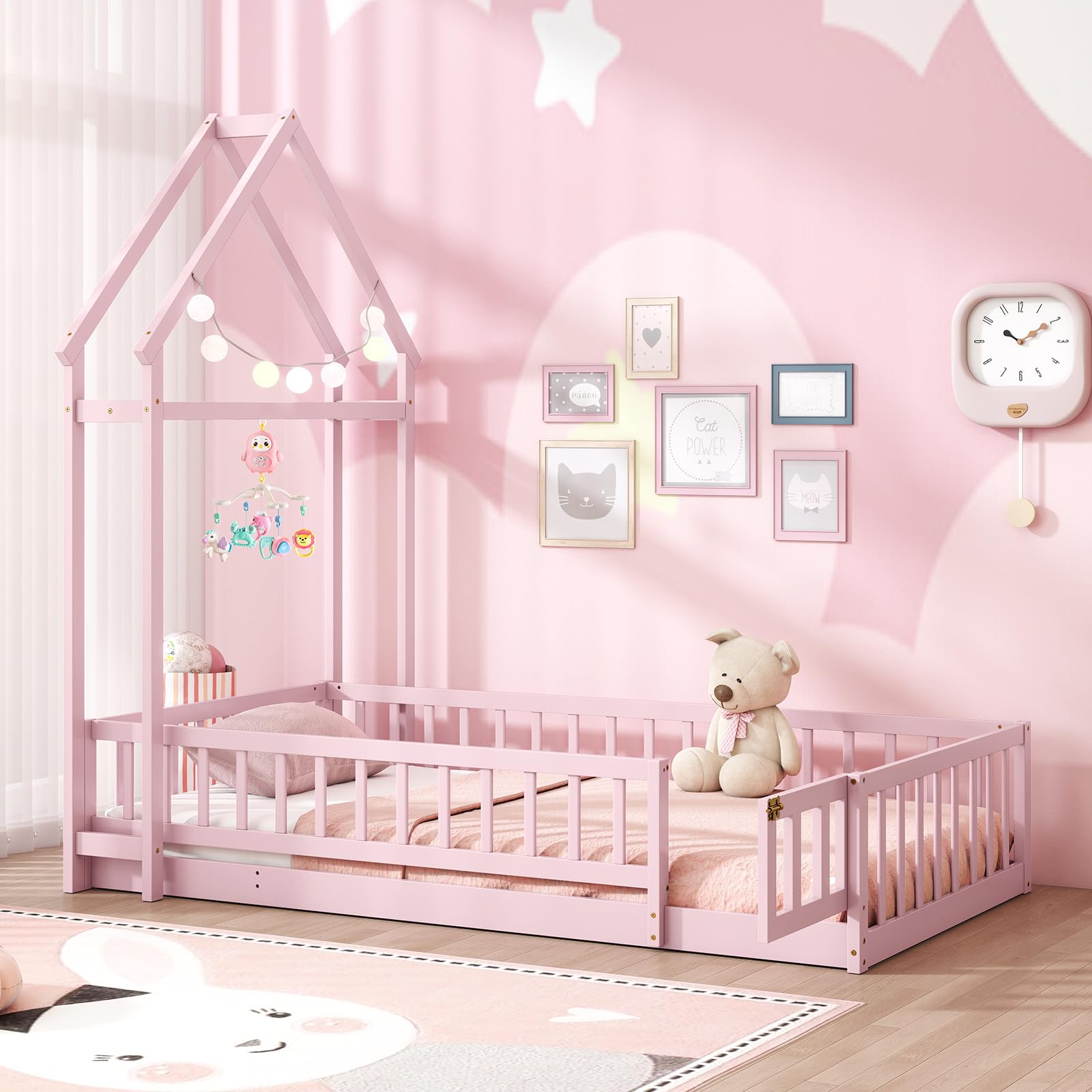 Twin House Floor Bed for Kids with Safety Rails