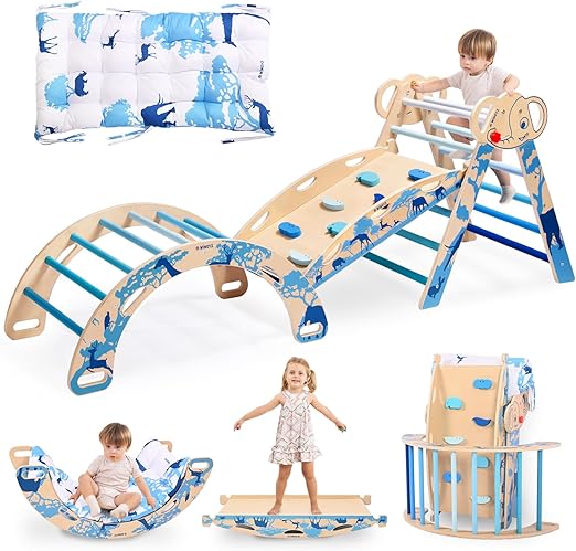 8-in-1 Pikler Triangle Set-Wooden Baby Climbing Toys with Cushion