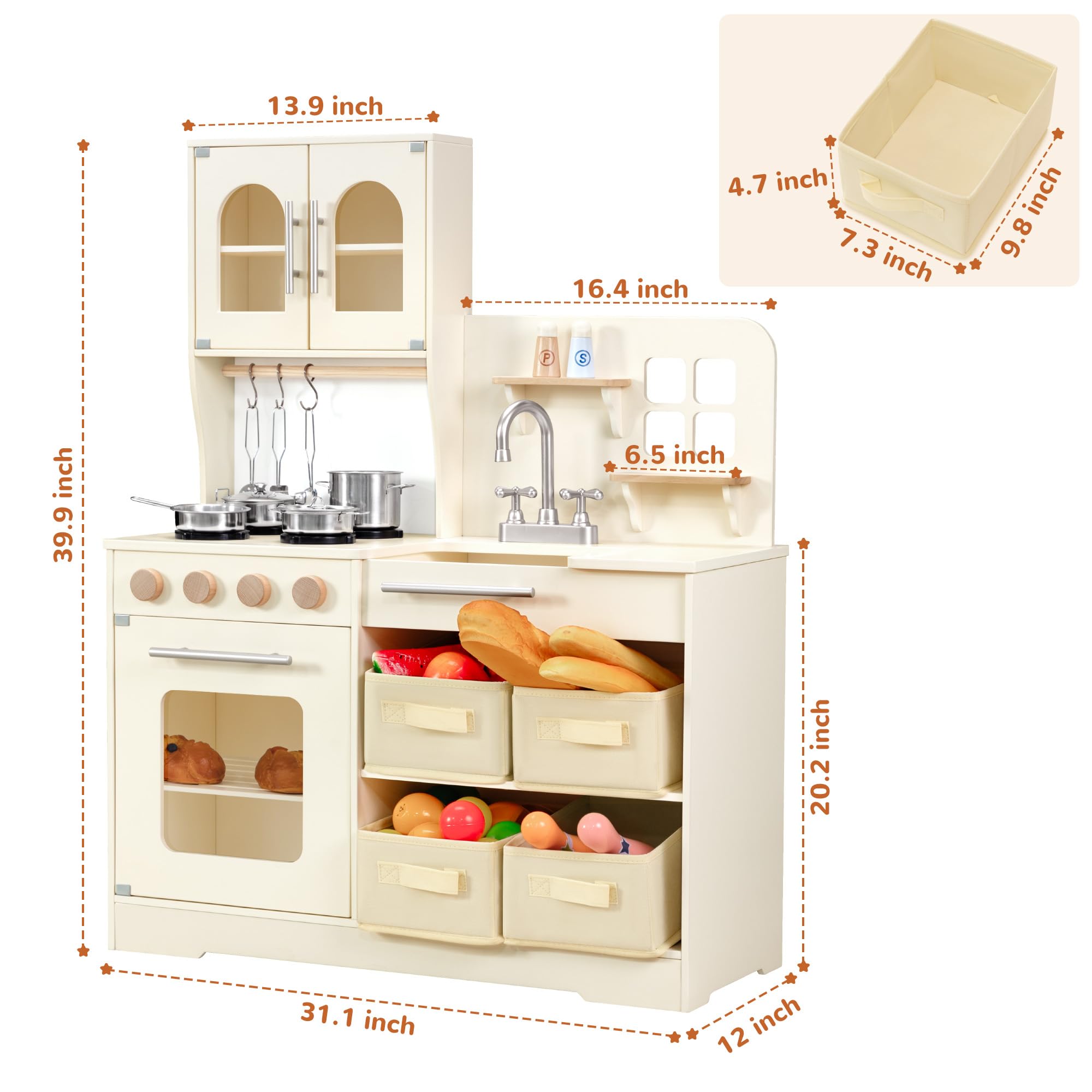 PHGLL Play Kitchen for Kids Wooden Toy Playset with Storage System, Chef Pretend Play Set with Oven, Utensils, Cupboard, Sink, Clicking Knobs, Toddler Kitchen Play for Ages 3+