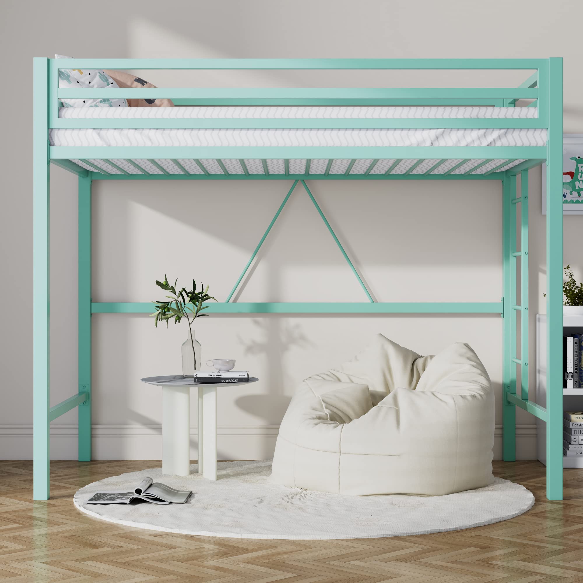 Loft Bed Twin Size with Ladder and Guardrail,Heavy Duty Metal Slats