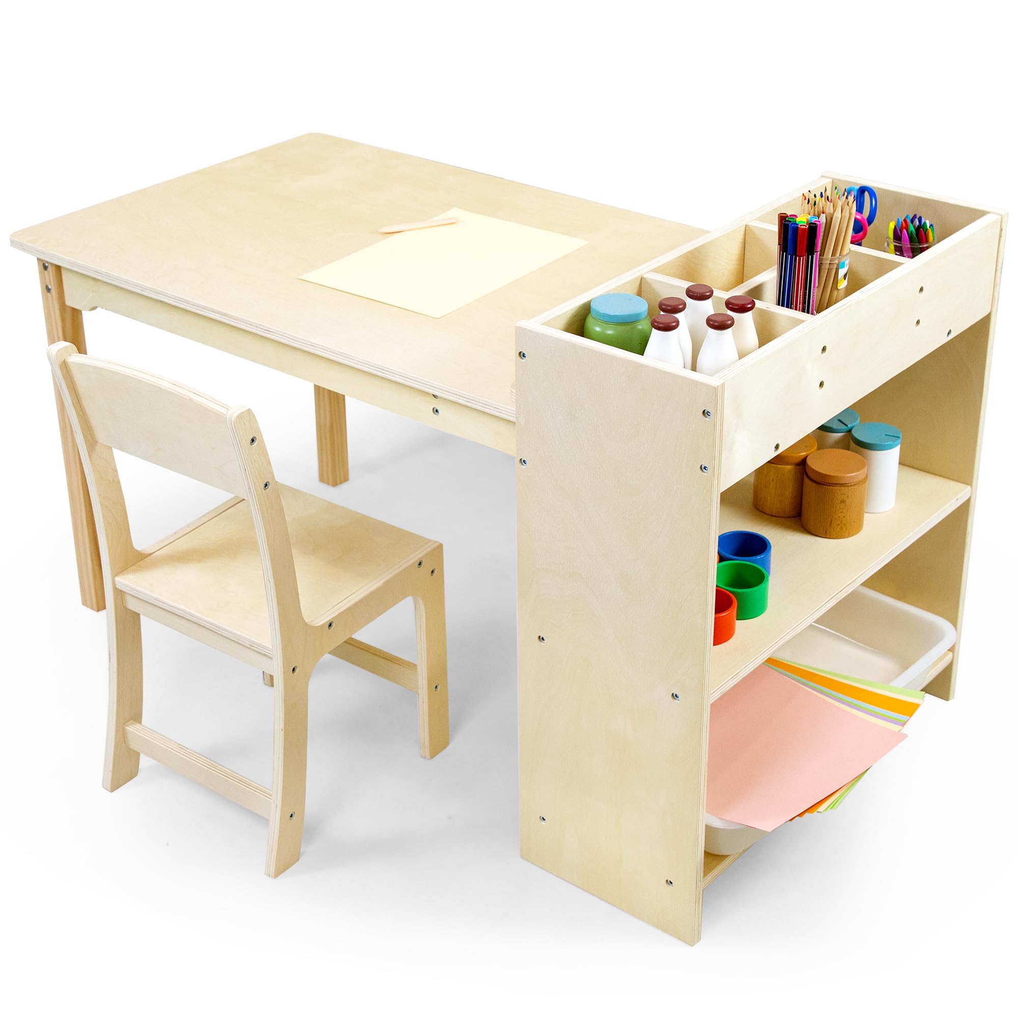 Birch Wood Kids Art Table and Chair Set with Storage