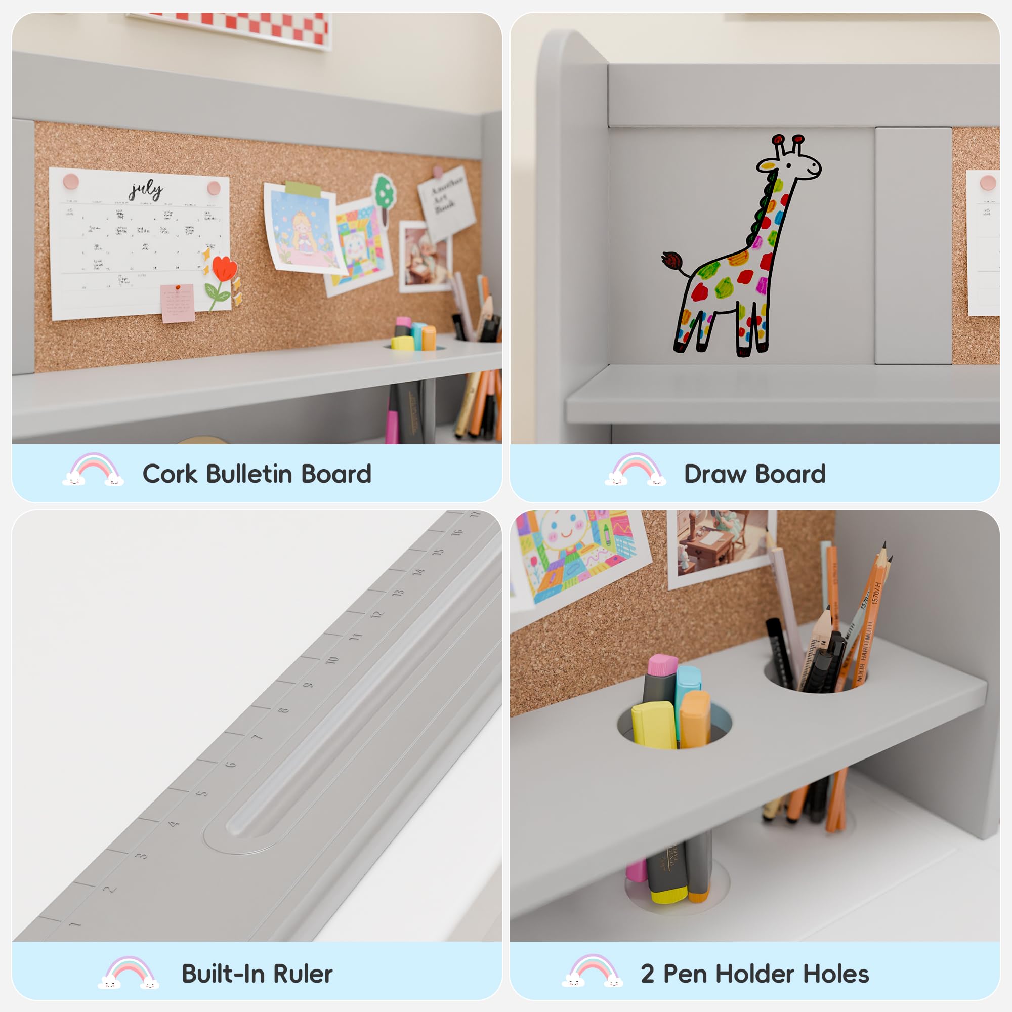 Kids Study Desk with Chair Tiltable Desktop Storage Cabinet