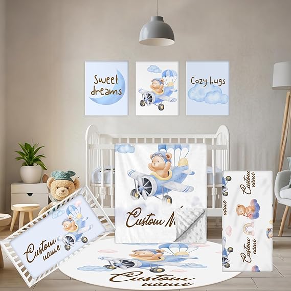 Personalized Baby Bedding Set, 5 Pcs Custom Baby Crib Sets with Name