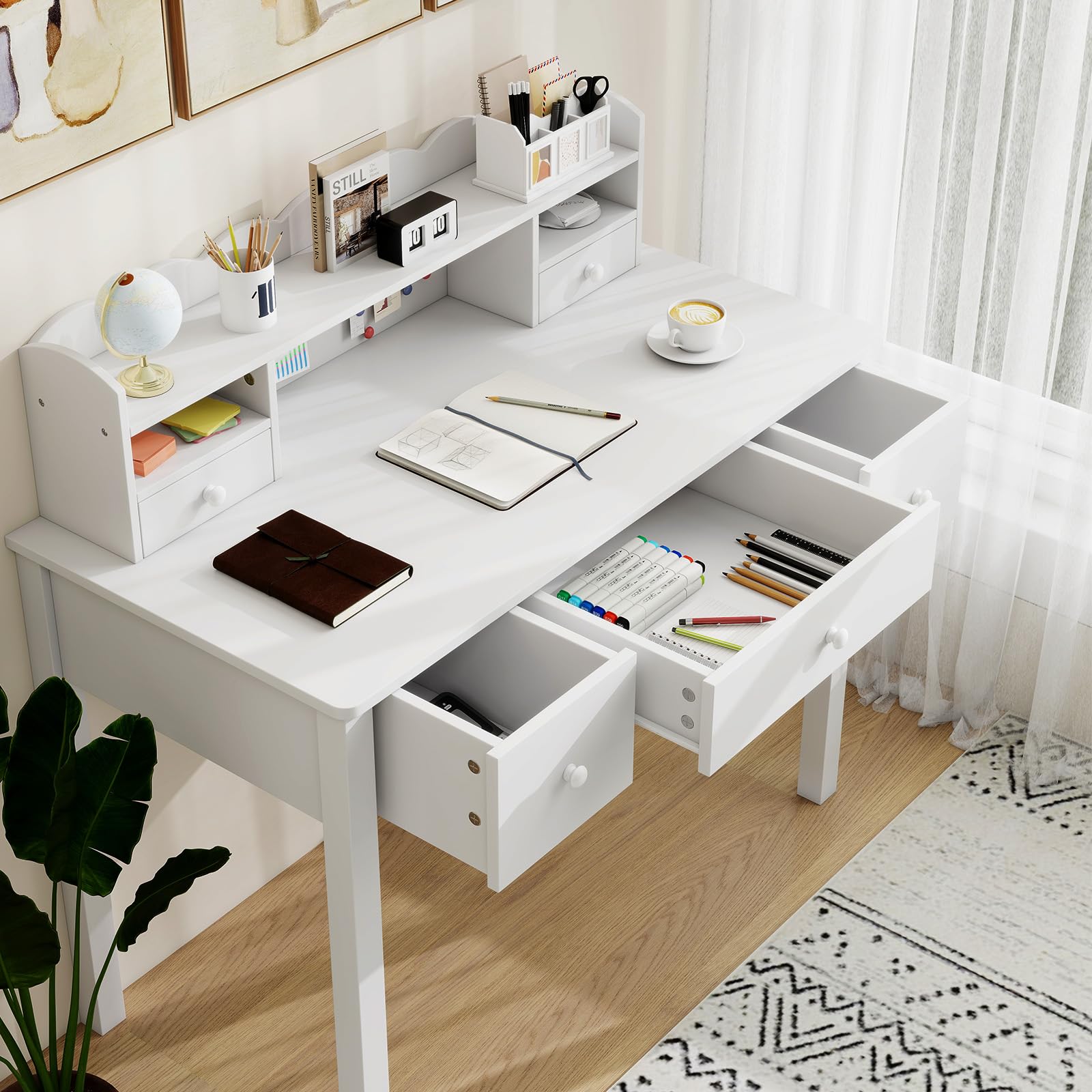 White Writing Desk with Hutch and Drawers 40 Inch