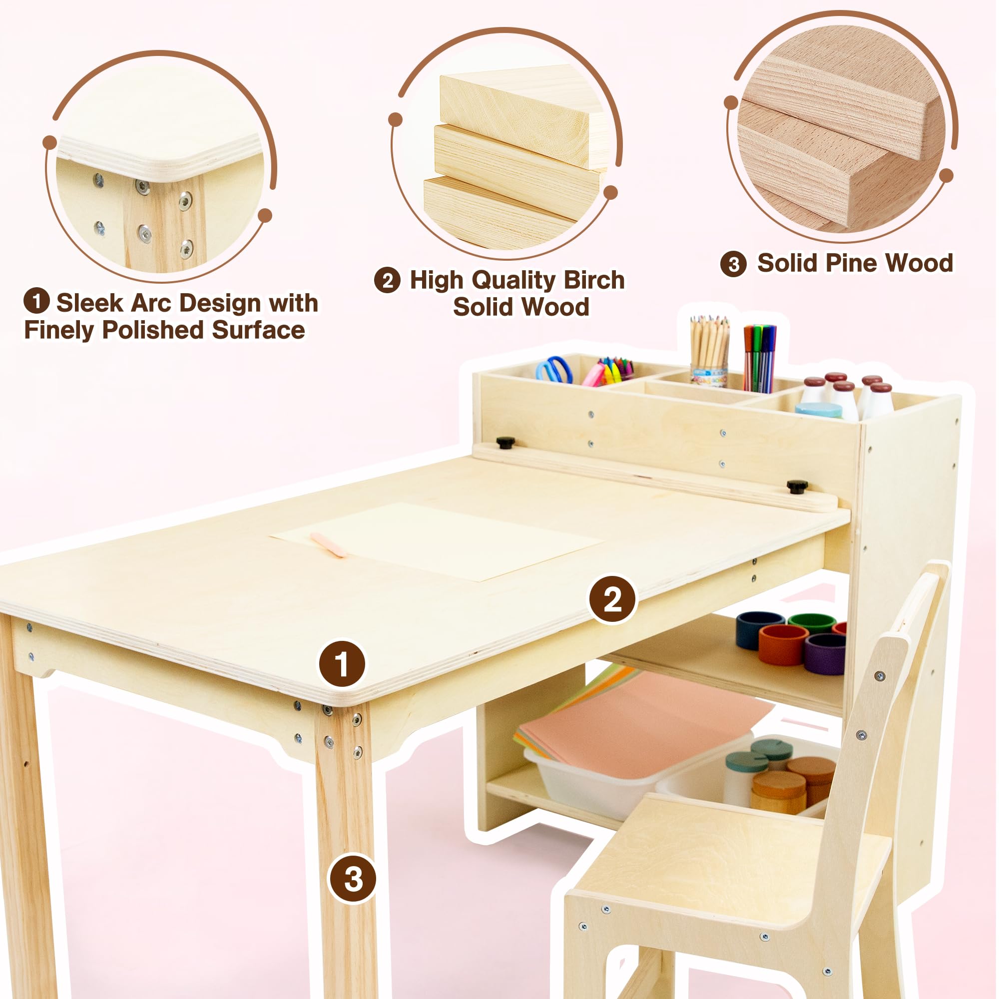 Birch Wood Kids Art Table and Chair Set with Storage