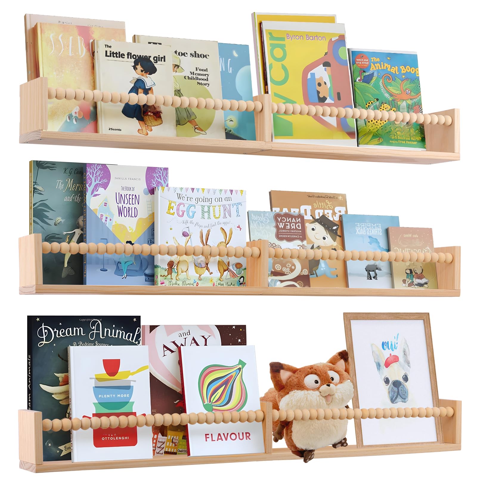 Floating Wall Bookshelves for Kids Room - Set of 3 with Beads