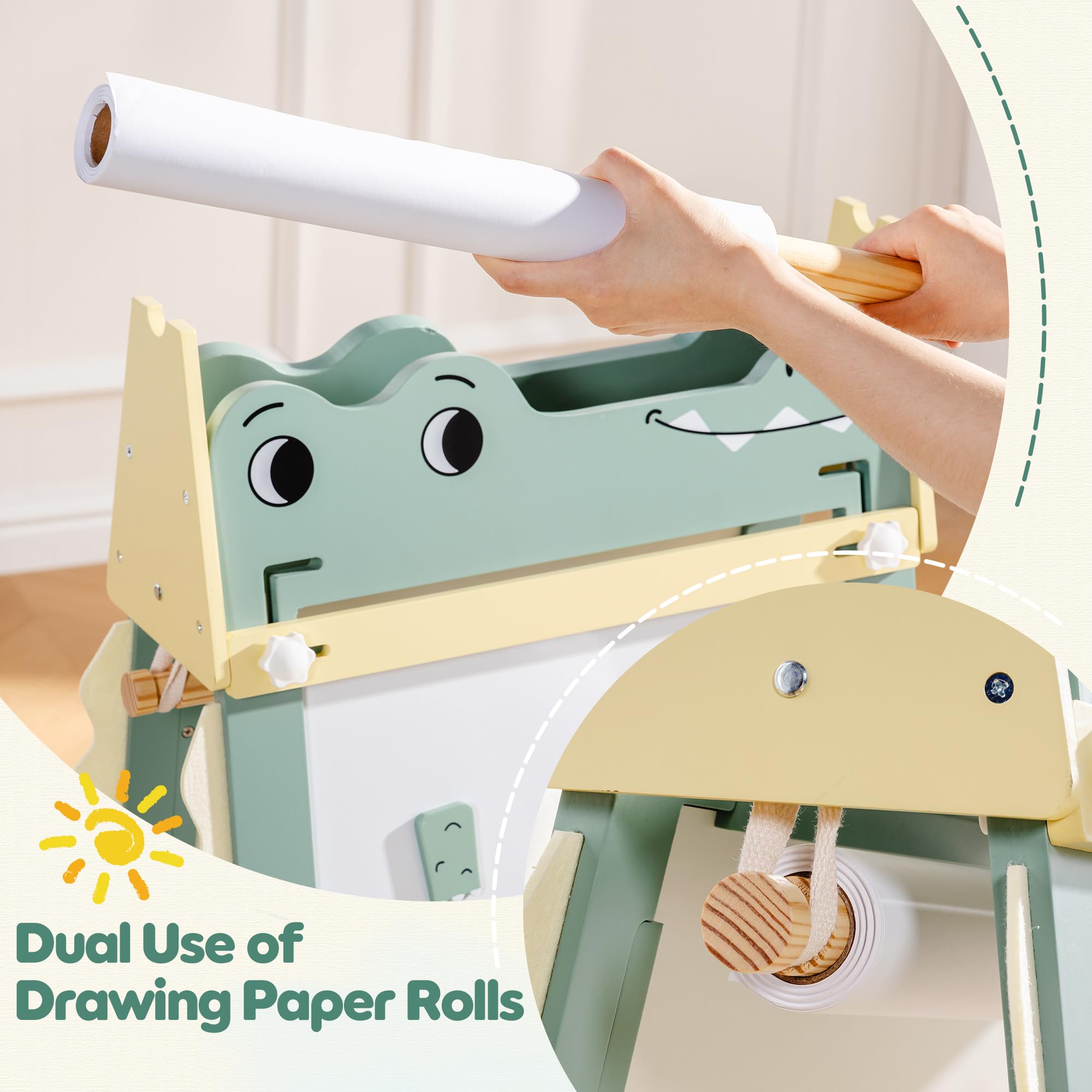 ROBOTIME Alligator Easel for Kids - 3-in-1 Adjustable Height Wooden Children Easel with Magnetic Whiteboard, Chalkboard & Paper Roll Holder, Fun Kid's Art Station for Boys & Girls Ages 3~12 Years