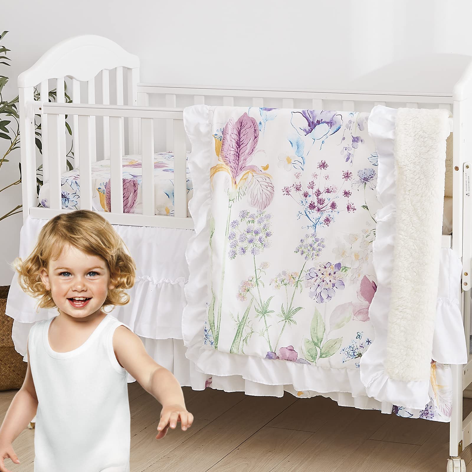 Floral Crib Bedding Set 3 Piece with Fitted Sheet and Skirt