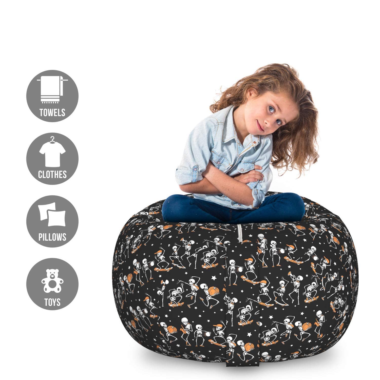 Halloween Storage Bean Bag Chair - Skeleton Pumpkin Design