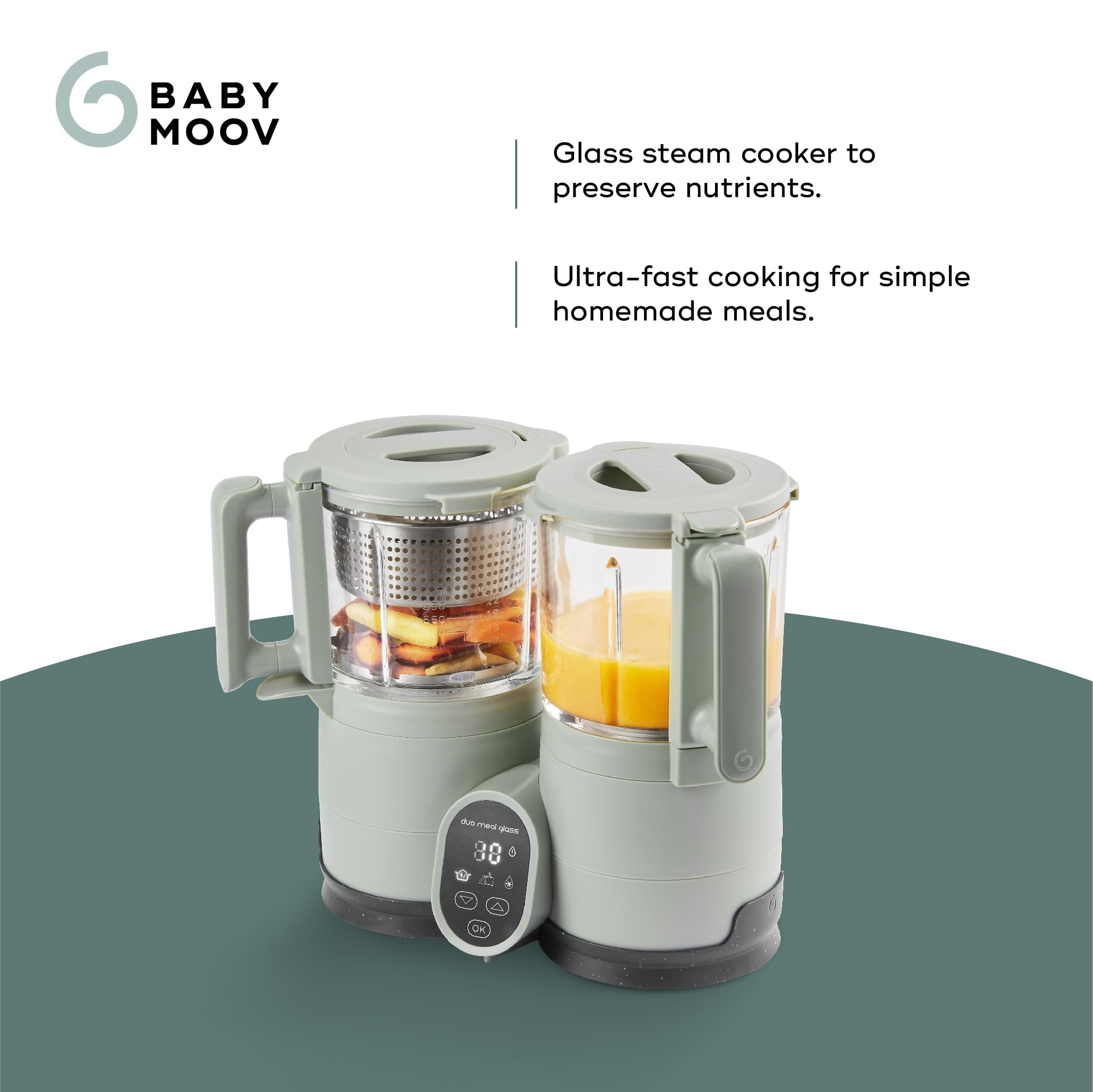Babymoov Duo Meal Glass Baby Food Maker, Celadon Green – 4-in-1 Steamer, Blender, Defroster, and Heater with Programmable Timer, Large Capacity, Glass Bowls, Dishwasher Safe