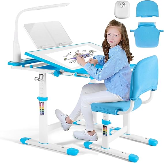 Kids Study Table and Chair Set,Adjustable Girls School Writing Study