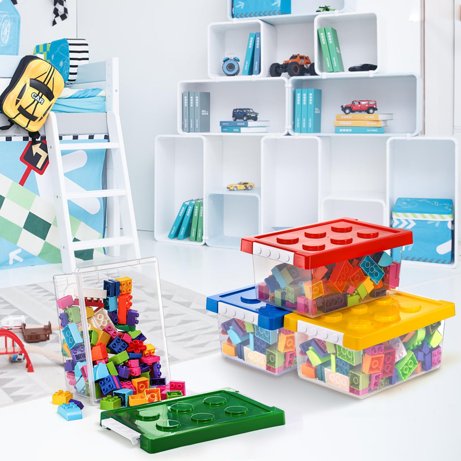 6QT Stackable Toy Storage Containers with Lids - 4 Pack Brick Shaped Organizer Bins