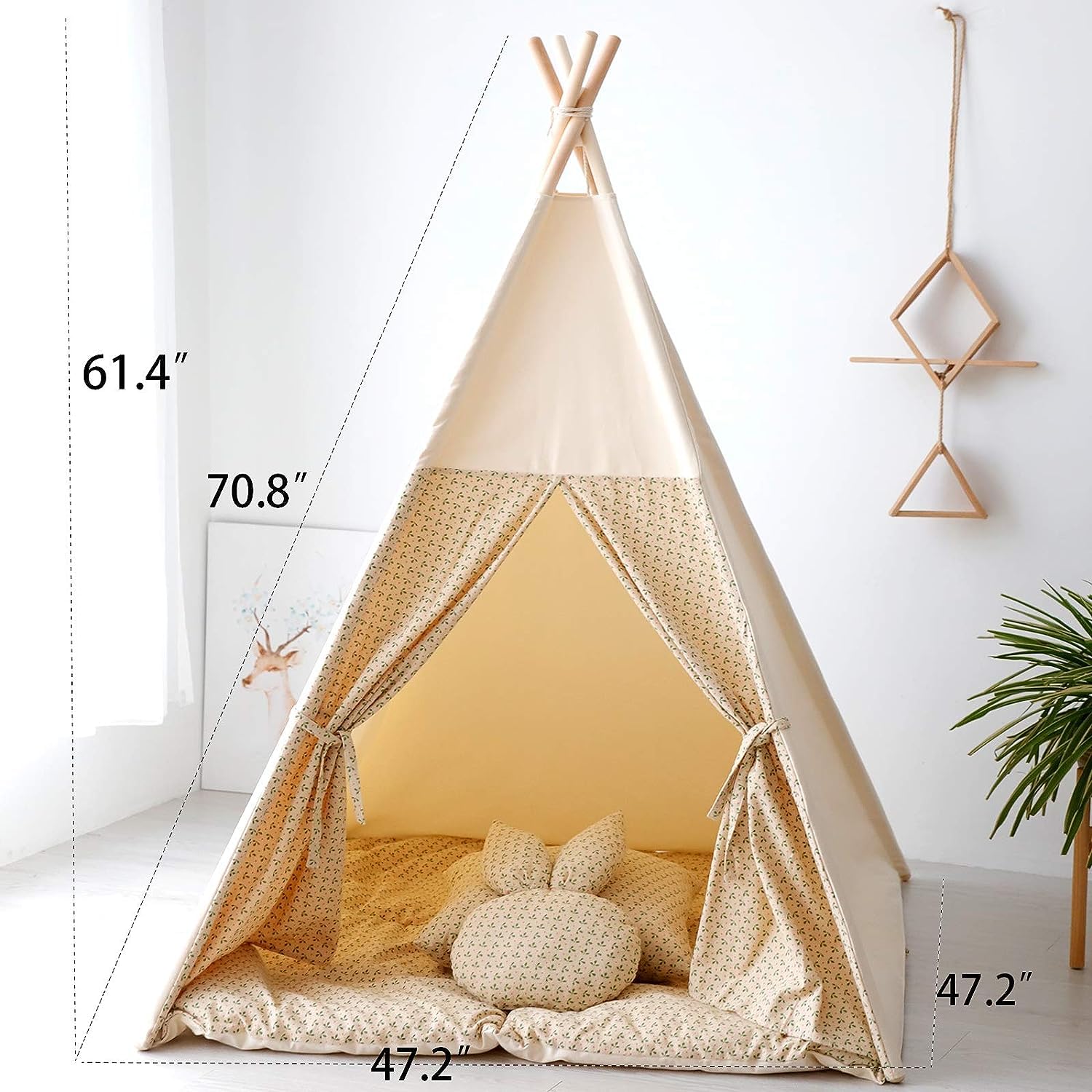 TreeBud Teepee Tent for Kids with Mat,Foldable Play Tents for Girl and Boy with Carrybag,Canvas Tipi Playhouse for Children Indoor Outdoor(Beige & Mat)