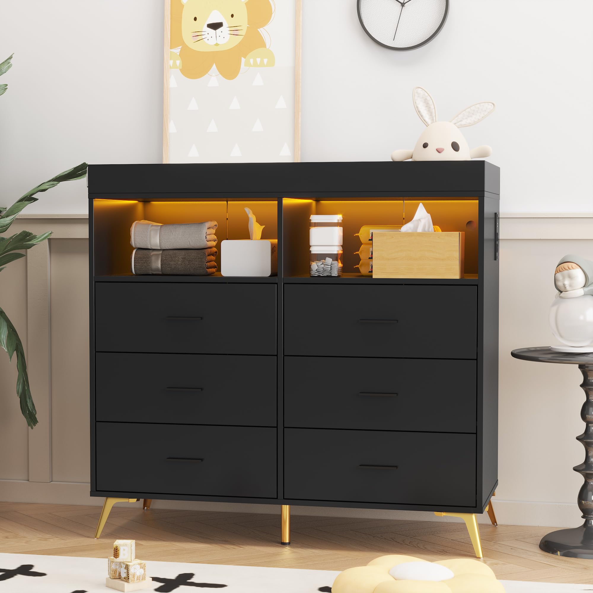 Baby Changing Table Dresser with LED Lights and Power Outlet