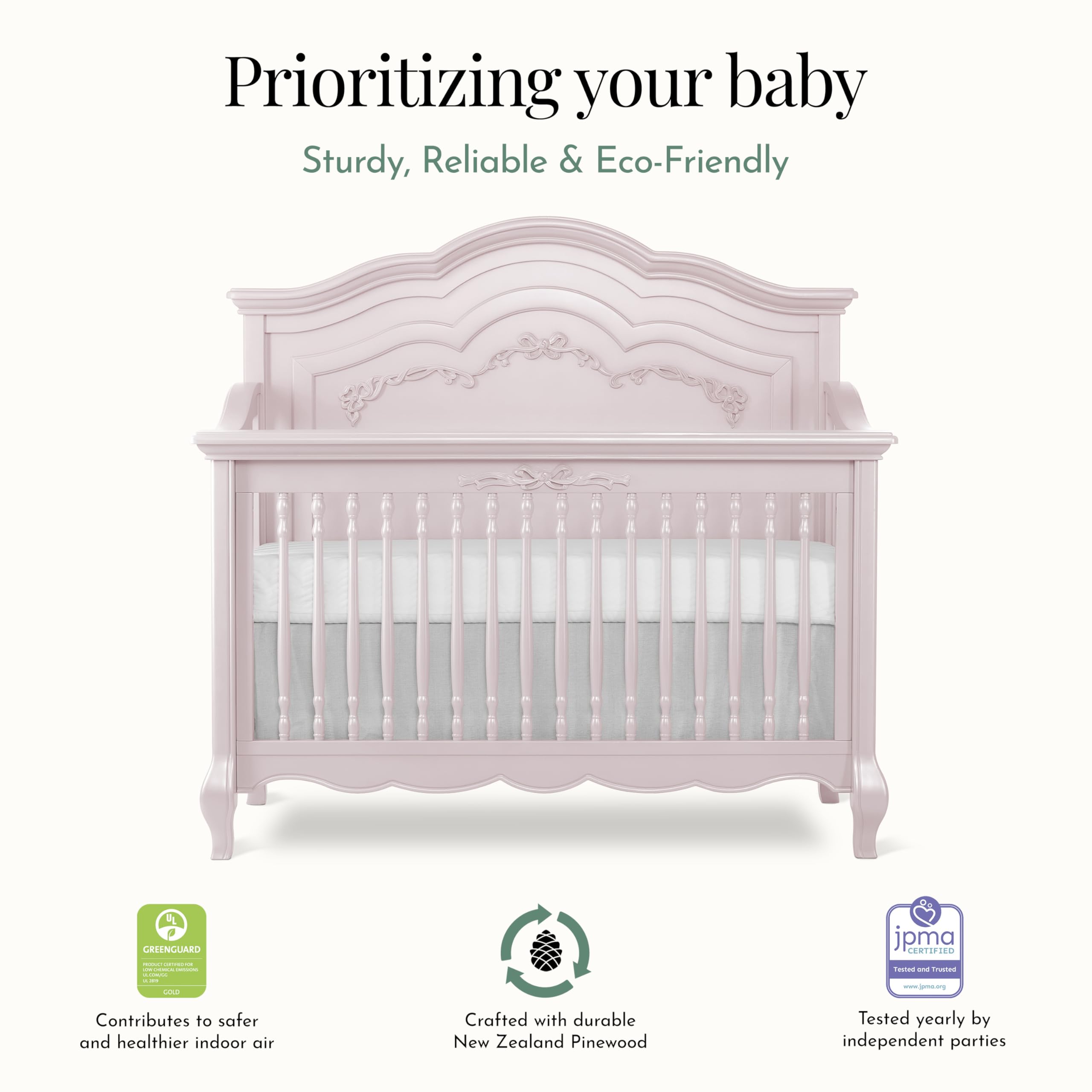 Aurora 5-in-1 Convertible Crib with Ribbon Bow Scrollwork