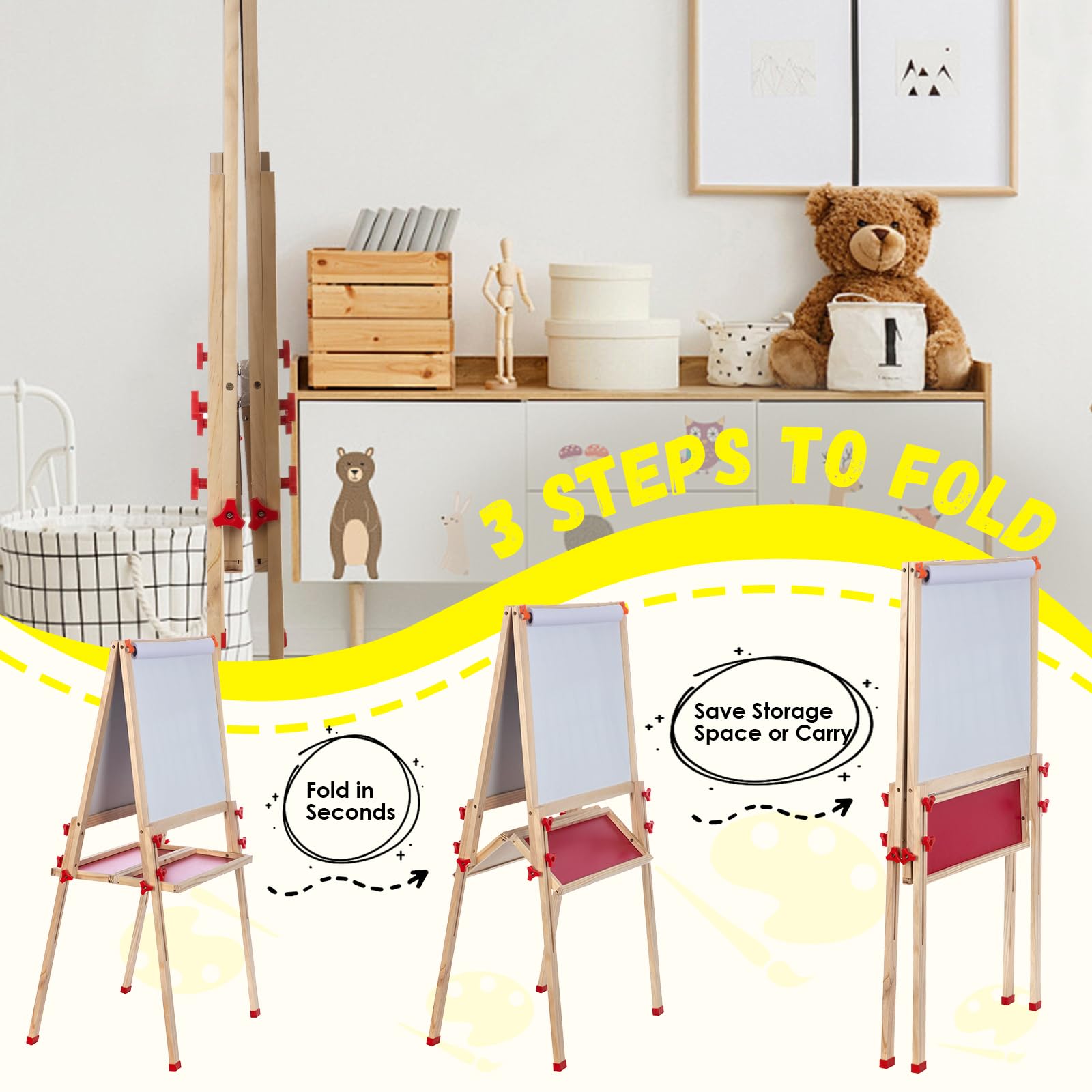 Double Sided Foldable Easel for Kids Adjustable Height Wooden Art Station with Paper Roll and Accessories Ideal Gift for Toddlers Boys Girls Ages 3 4 5 6 7 8 Years Old