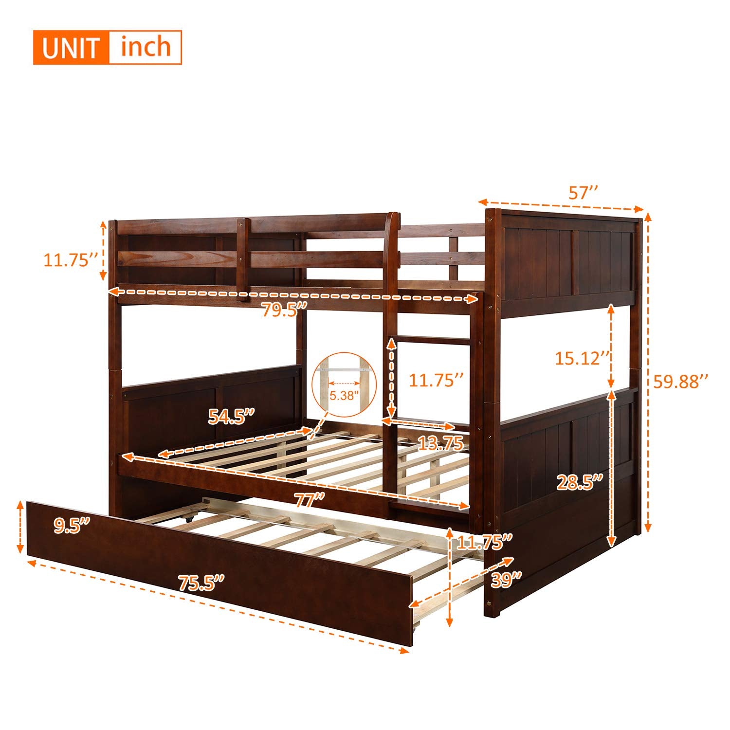Full Over Full Bunk Bed with Trundle and Ladder