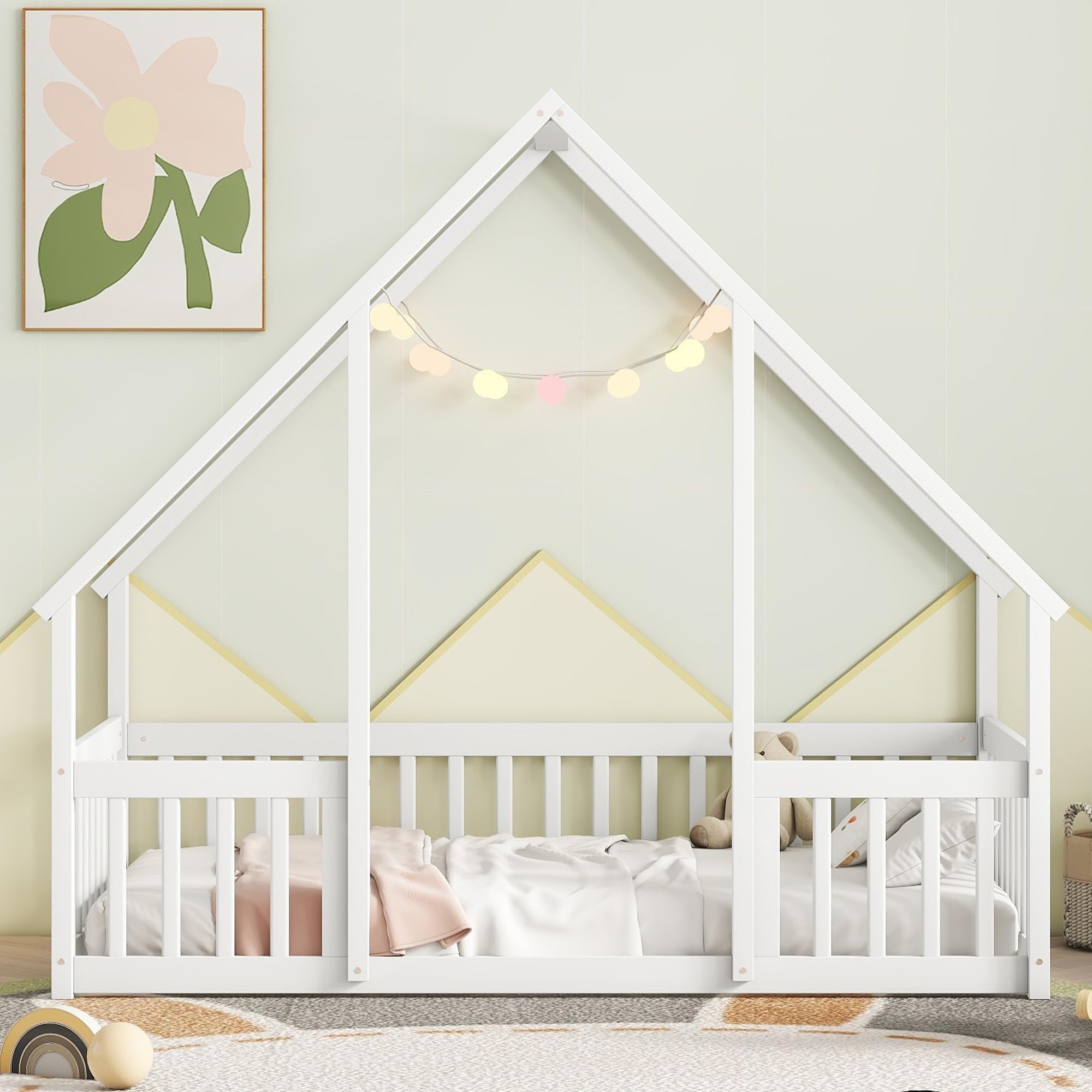 Twin Floor Bed for Kids with House Frame and Fence