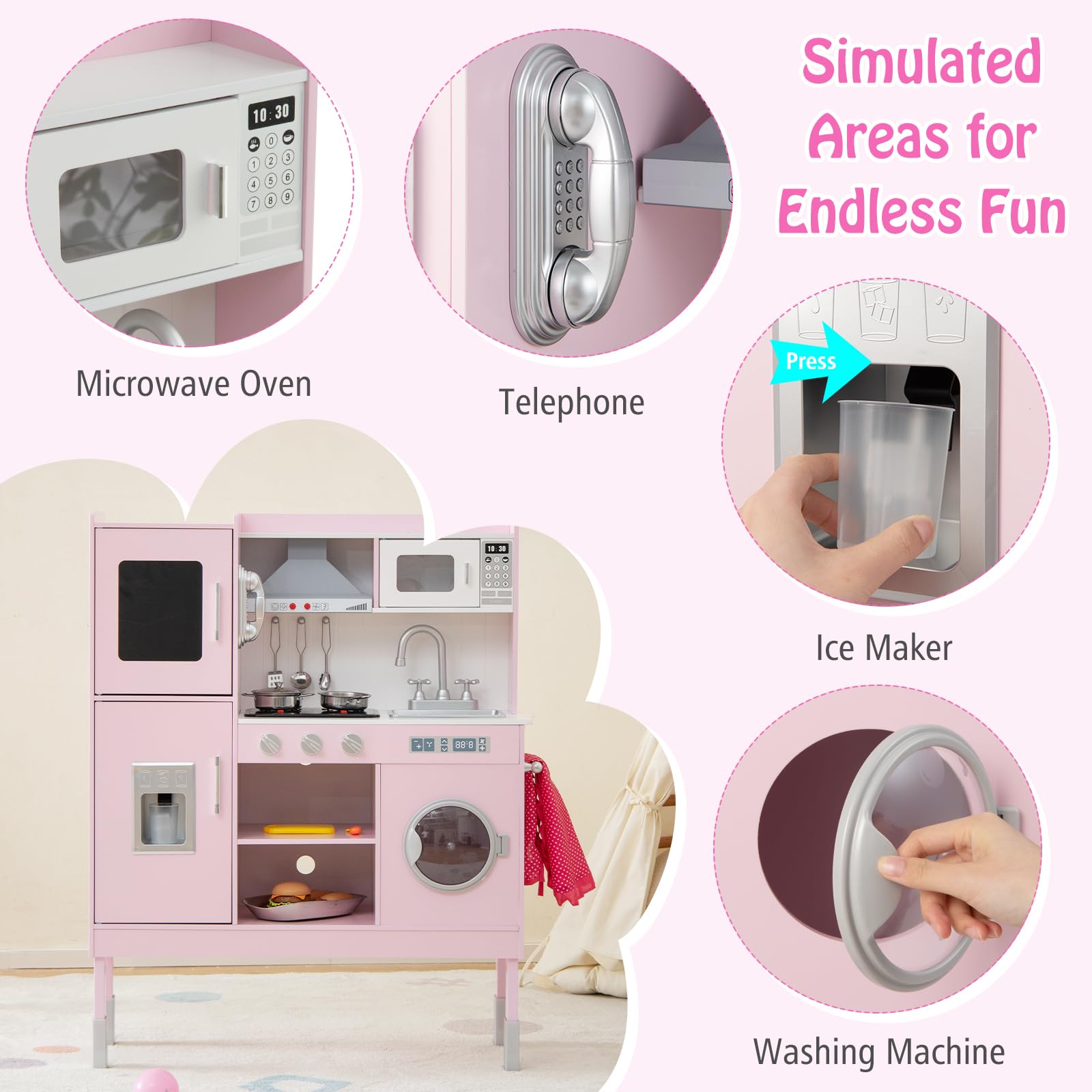 Wooden Kids Kitchen Playset with Sound & Light - Adjustable Height