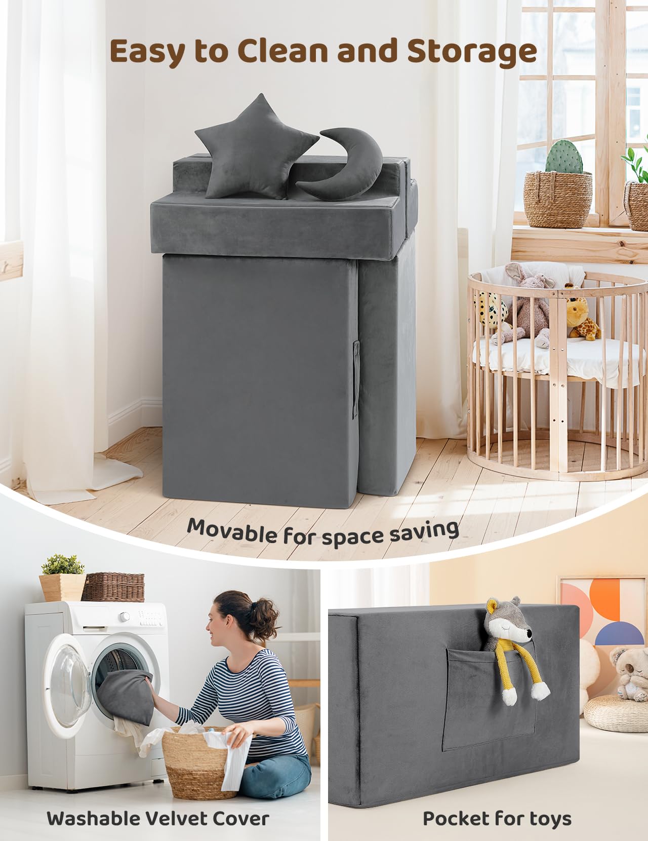 Modular Kids Play Couch with Rocking Horse Cushion and Star Moon Pillows
