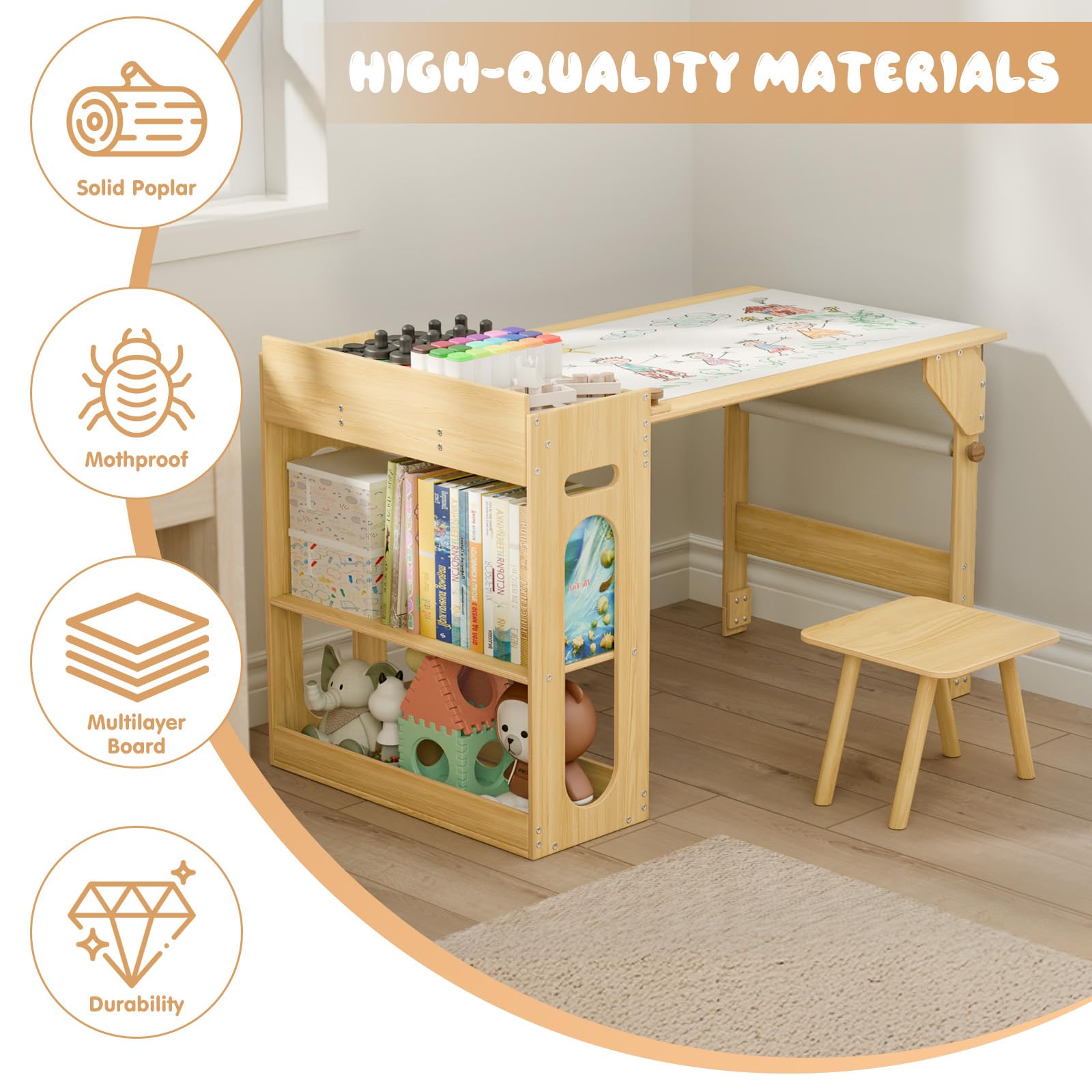 Kids Art Table and 2 Chairs Set with Storage