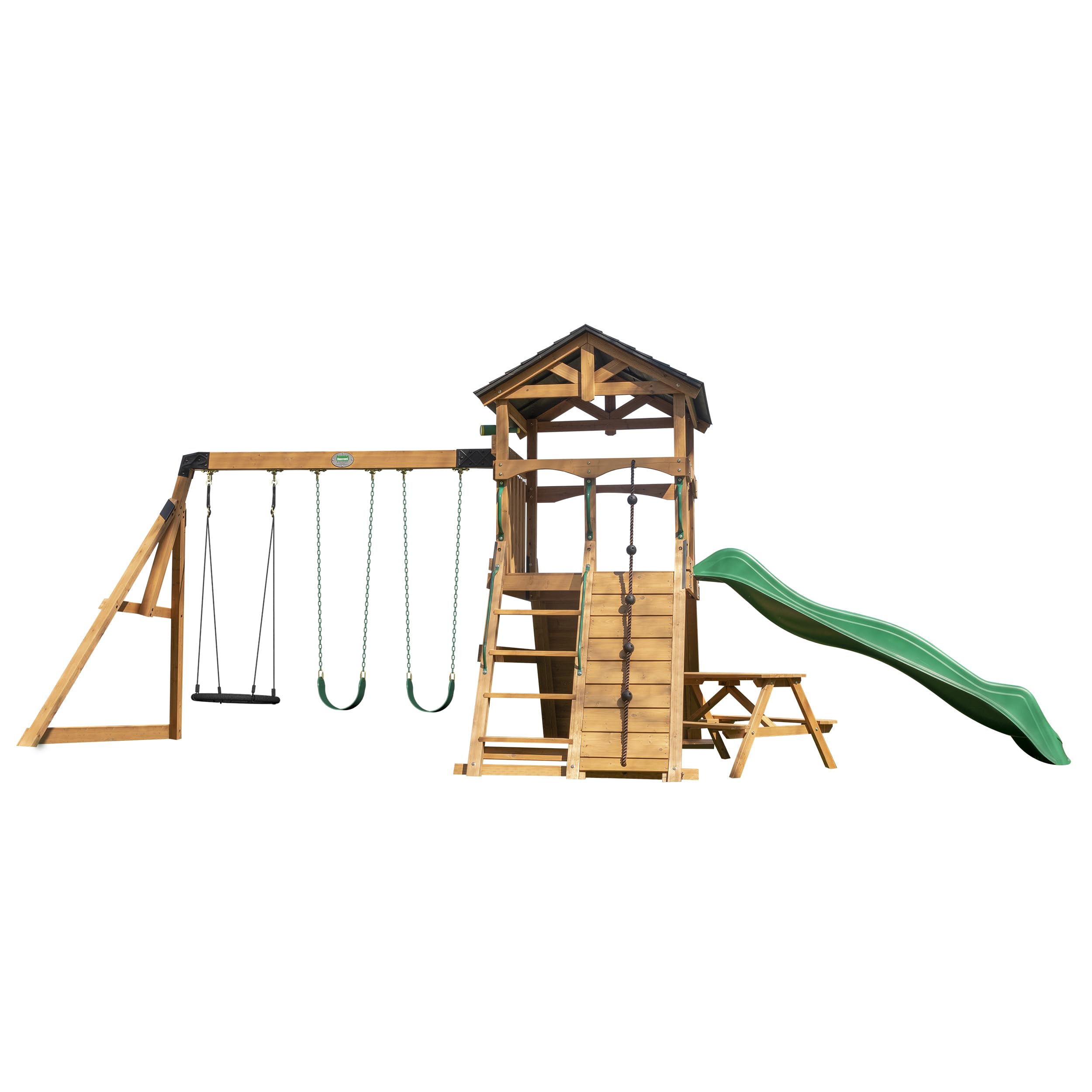 Cedar Wood Swing Set with Wave Slide and Rock Wall