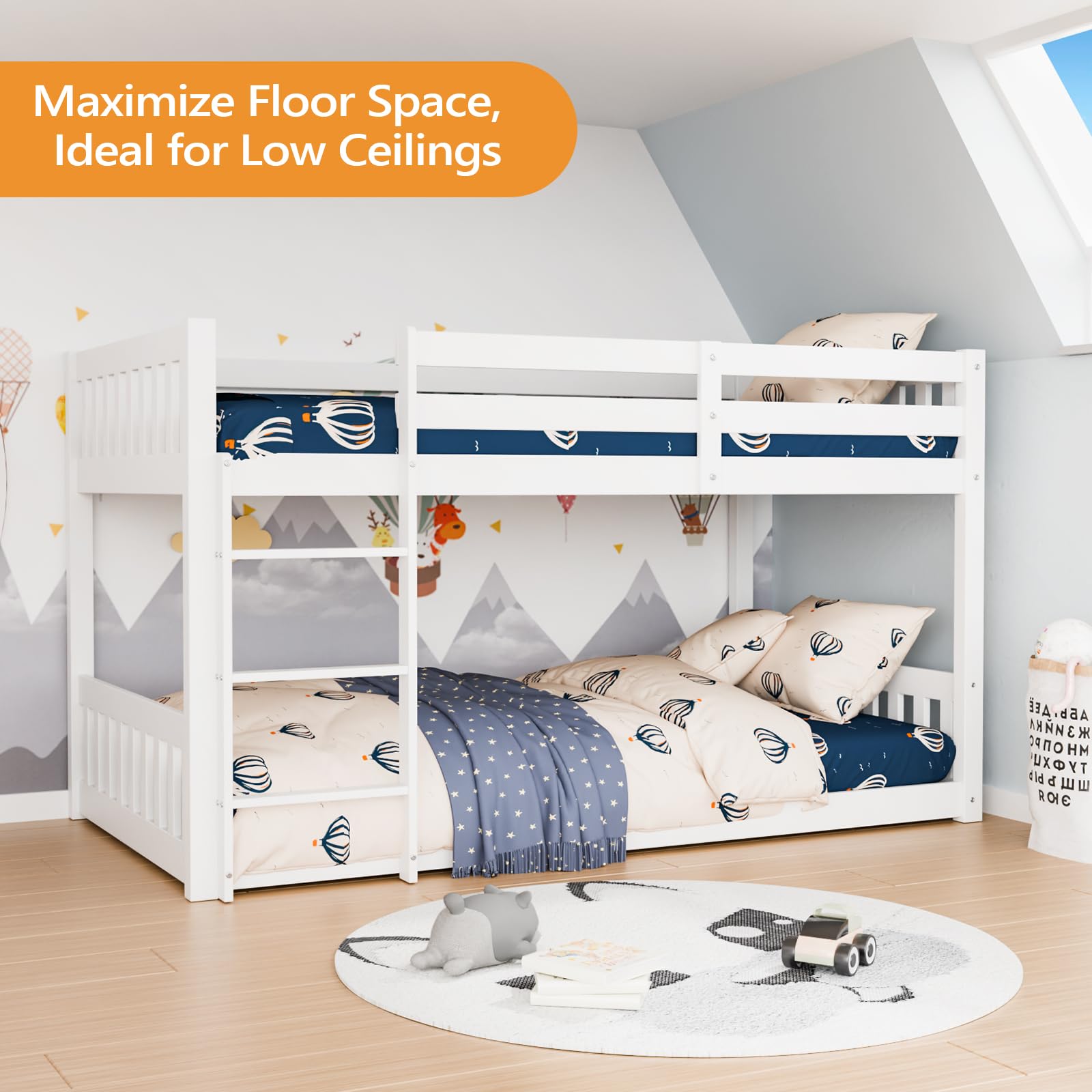 Twin Over Twin Bunk Bed with Guardrails and Ladder