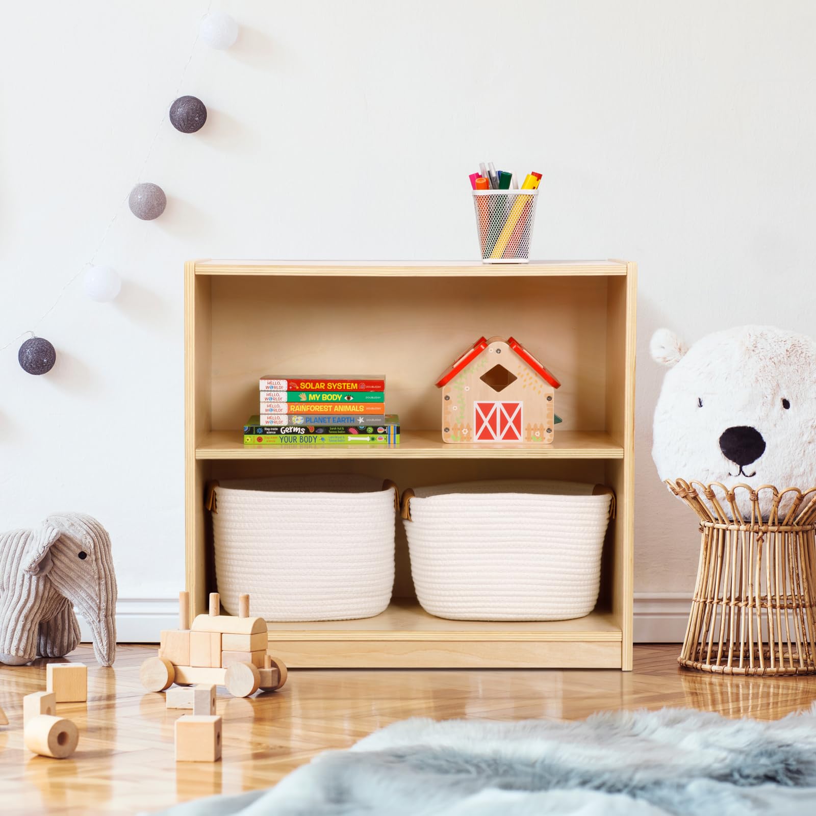 2-Tier Wooden Montessori Storage Shelf for Kids