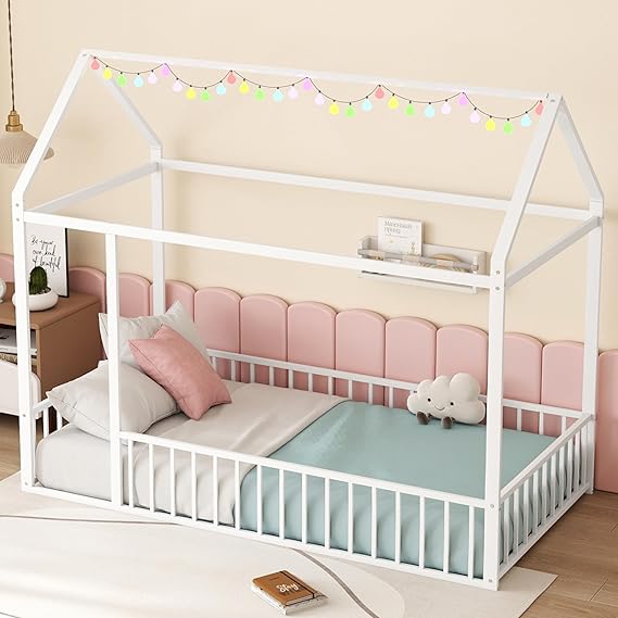 Twin Floor Bed Frame, Metal Montessori Floor Bed Twin with Fence for Boys
