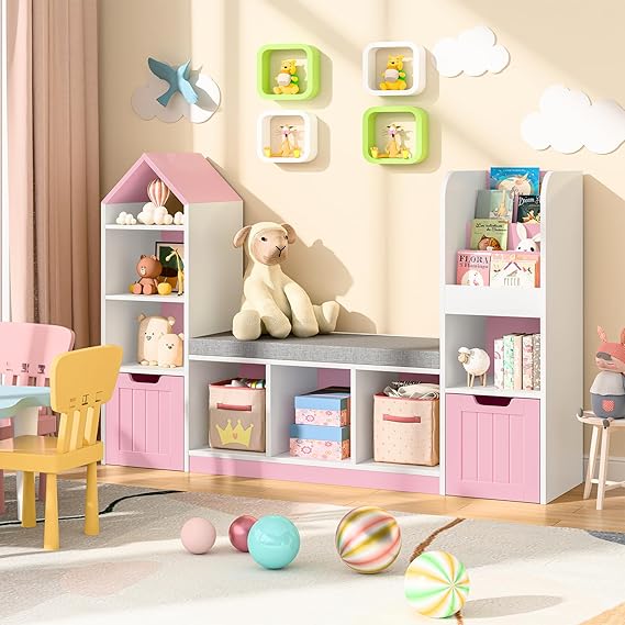 Kids Bookcase and Bookshelf with Reading Nook, Toy Storage Organizer