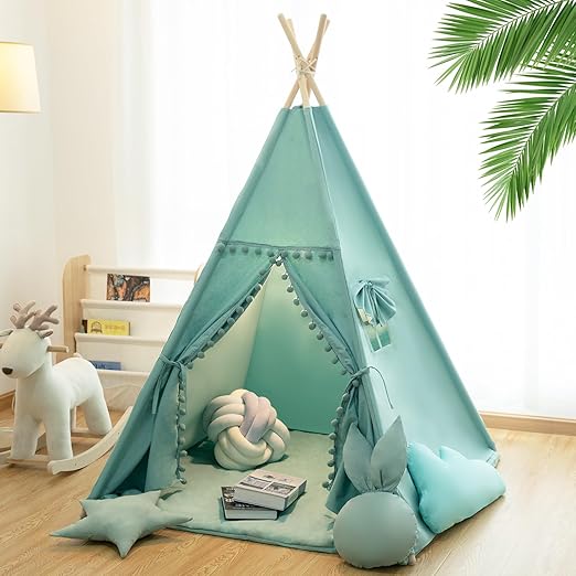 Teepee Tent for Kids with Mat, Star Lights, Carry Case, Cotton Canvas