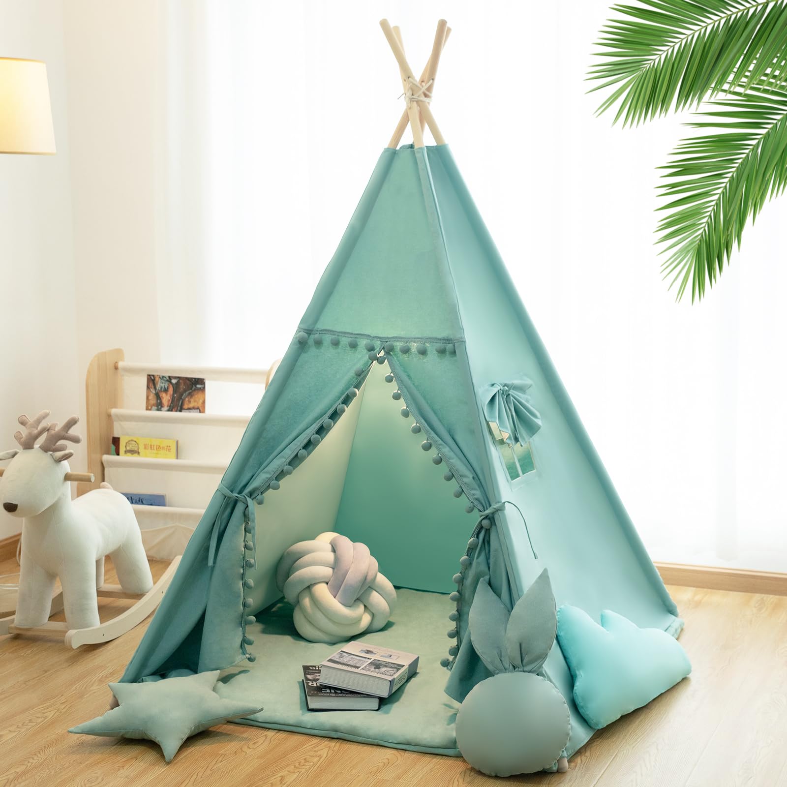 Kids Cotton Canvas Teepee Tent with Mat and Star Lights