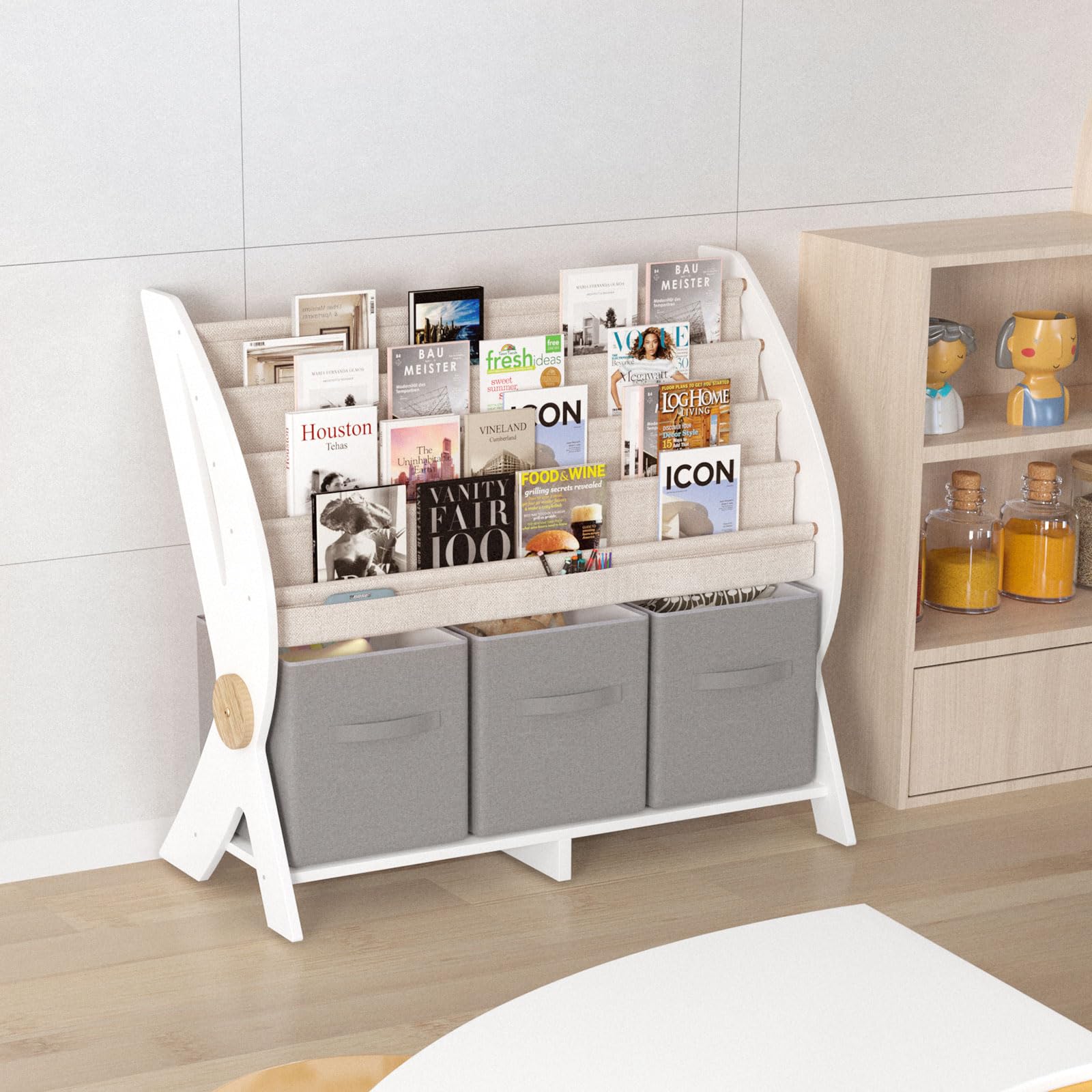 Kids Bookshelf with Drawers，2-in-1 Toddler Bookcase Fabric Cube Storage