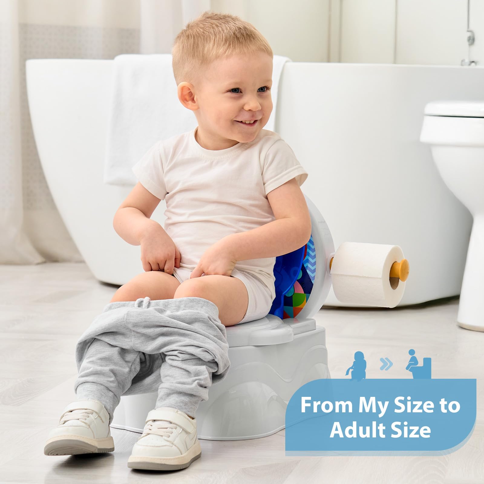 Looxii Potty Training Toilet, 2-in-1 Toddler Potty for Boys Girls Ages 1-3, Portable Training Seat with Toilet Paper Holder & Cheering Sound, Cute & Realistic Feel, Up to 50 Pounds,Elephant Blue