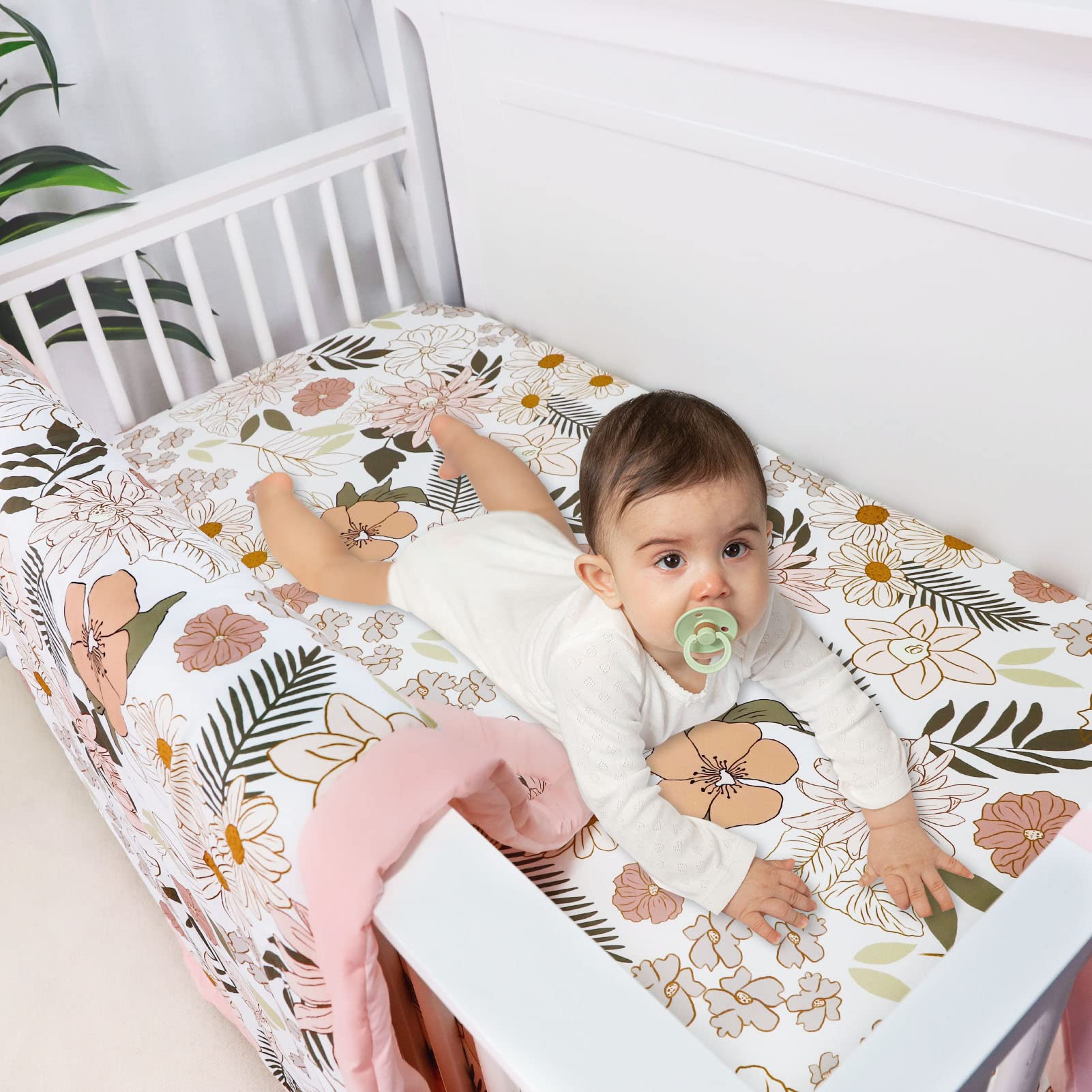 4-Piece Crib Bedding Set for Girls, Pink Baby Girl Bedding Set with Crib Skirt
