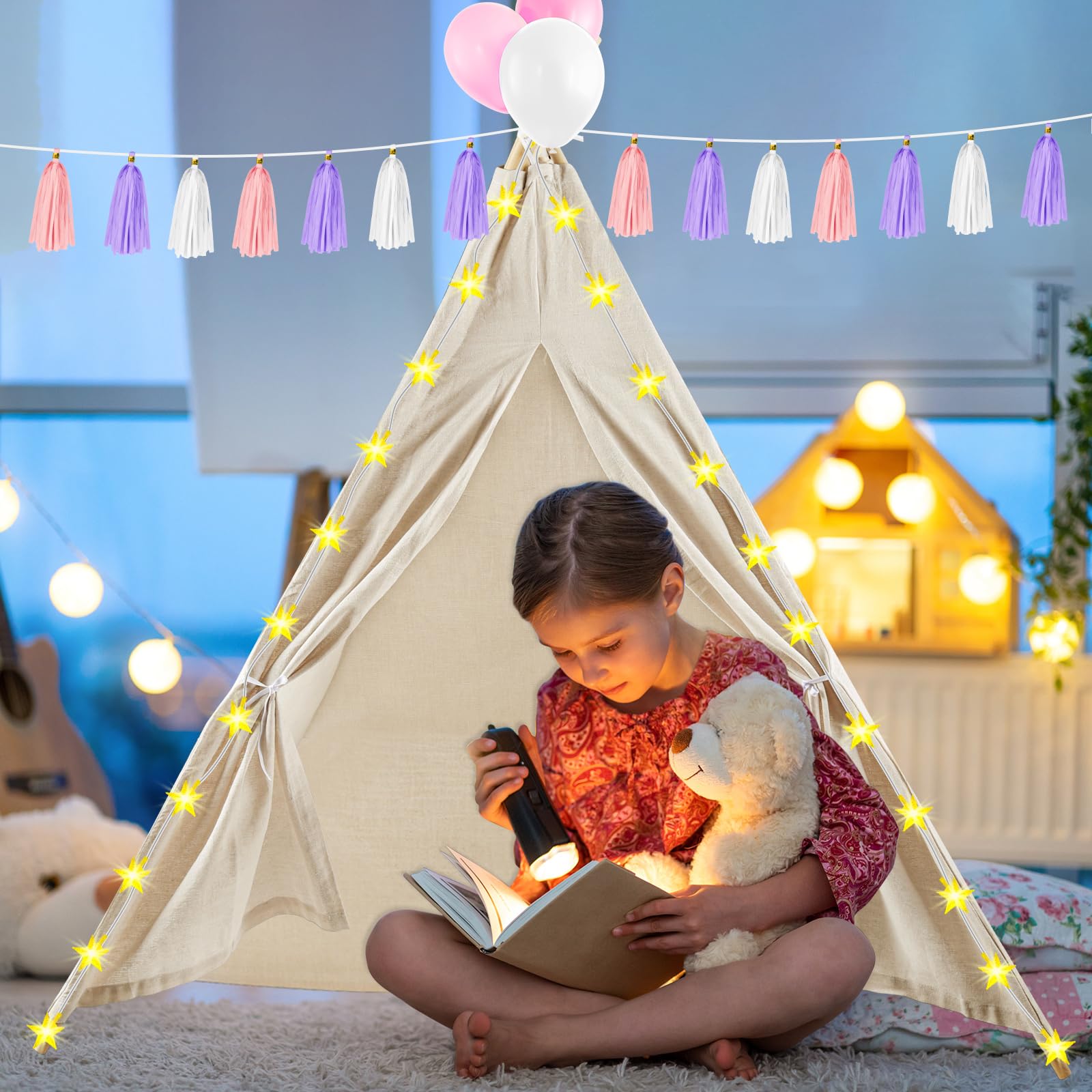 Kids Teepee Tent Set for Slumber Parties - 4 Pack with Lights