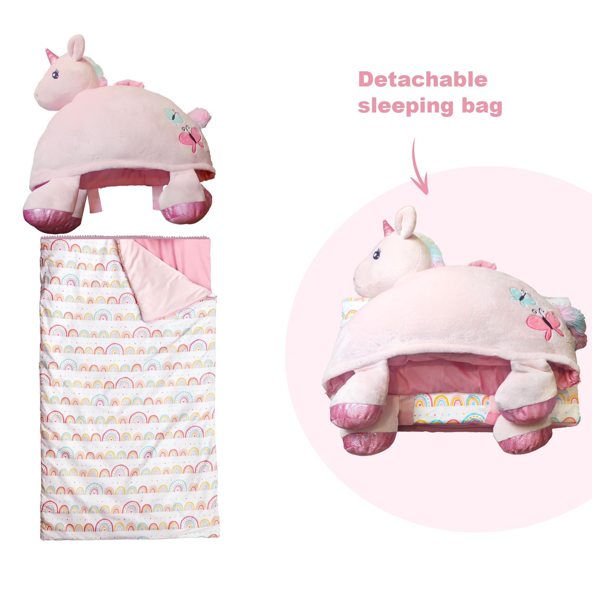 SHALALA NEW YORK Toddler Nap Mat with Pillow & Blanket for Girls, Sleeping Bag Nap Mat, Pink Horse Soft Plush Slumber Bag for Girls 64" x 26"