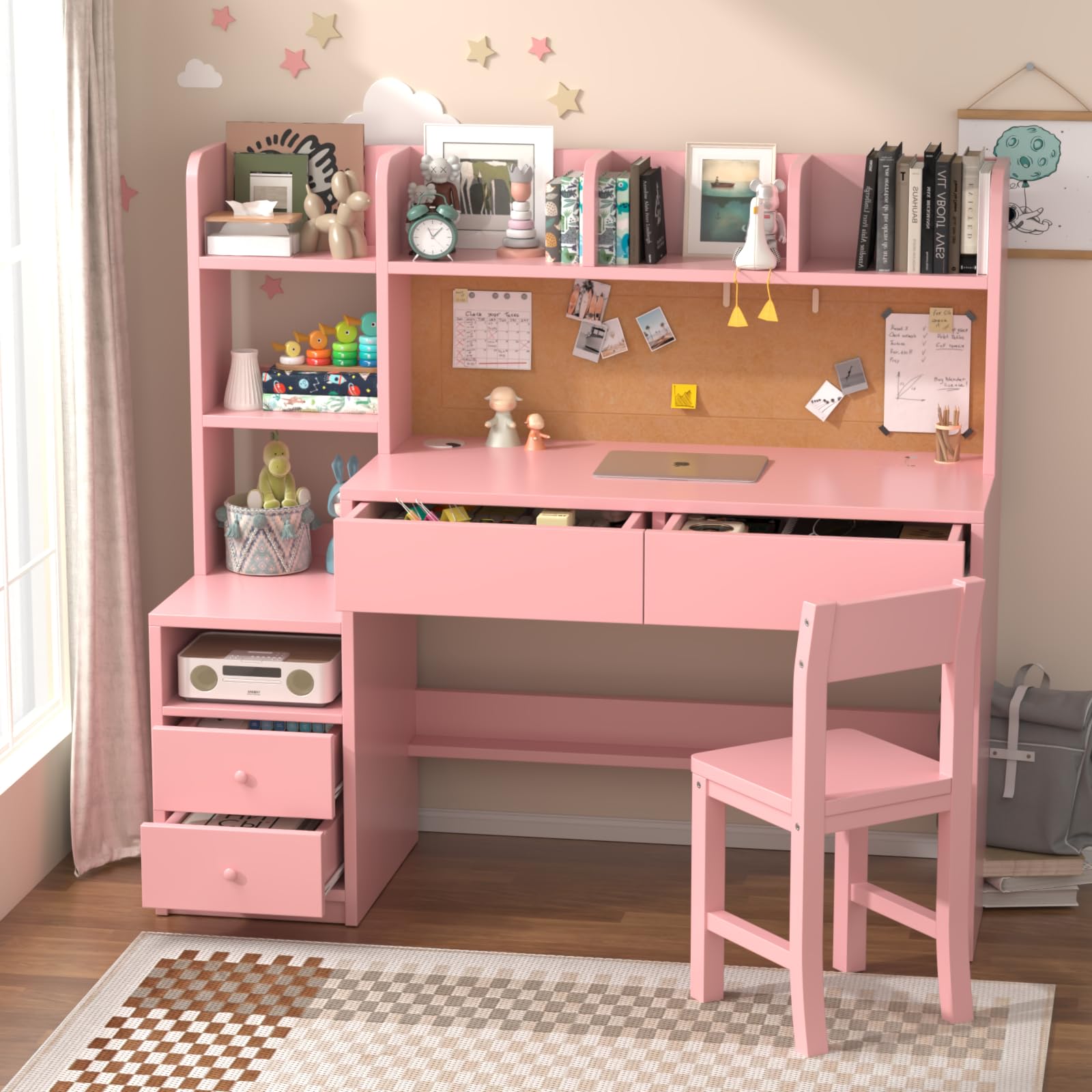 Pink Kids Desk and Chair Set, Kids Study Desk with 4 Drawers & 4 Open Shelves