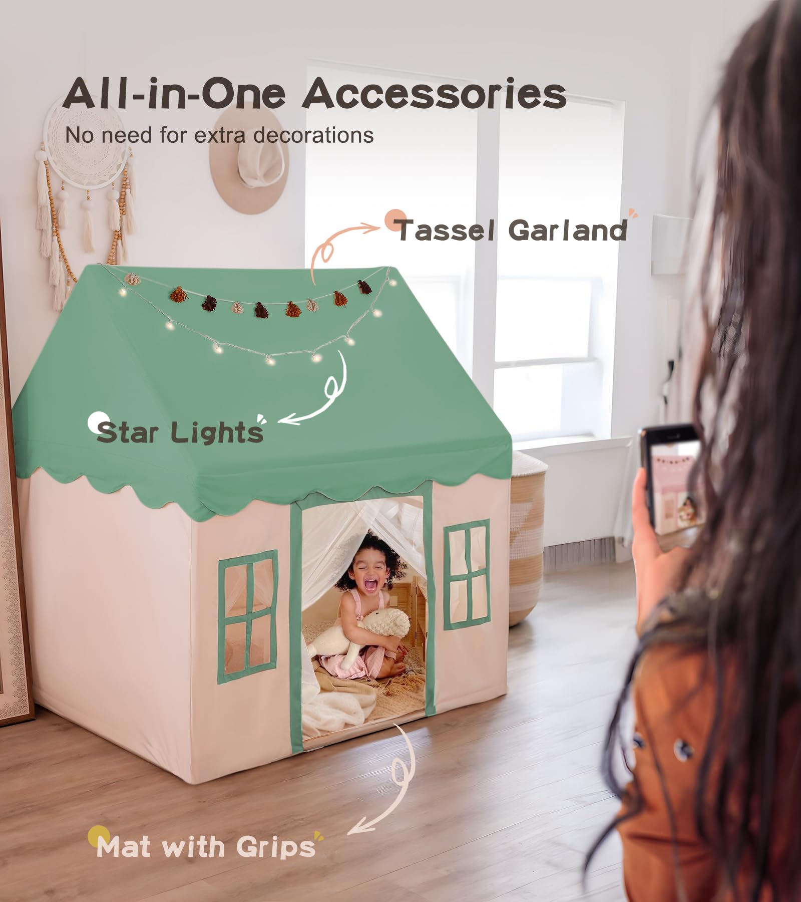Large Kids Play Tent with Mat and Star Lights