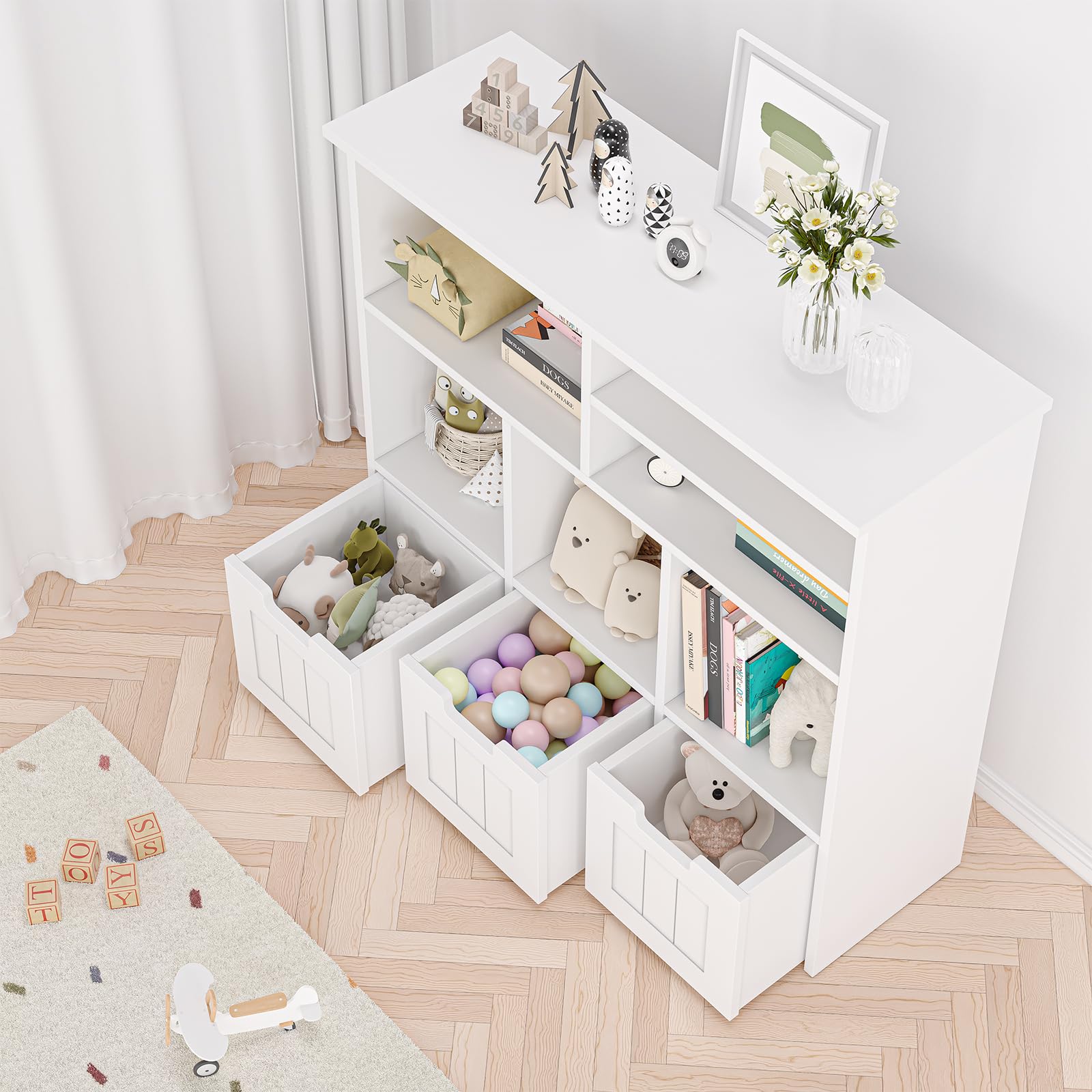 Kids Bookcase Toy Storage Organizer Toy Chest with 3 Movable Drawers & Hidden Wheels