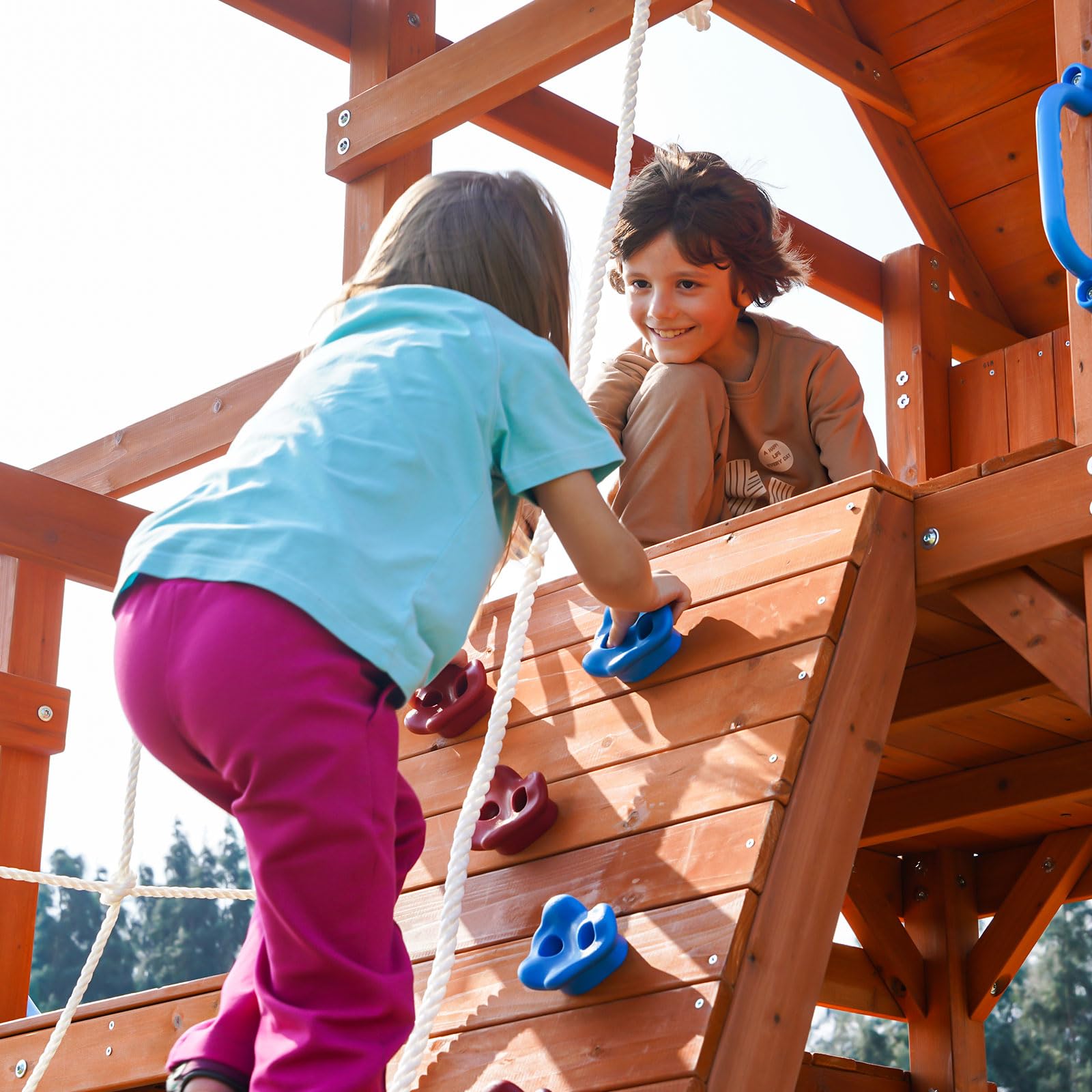 Wooden Swing Set with Monkey Bar Plank Bridge Climbing Wall