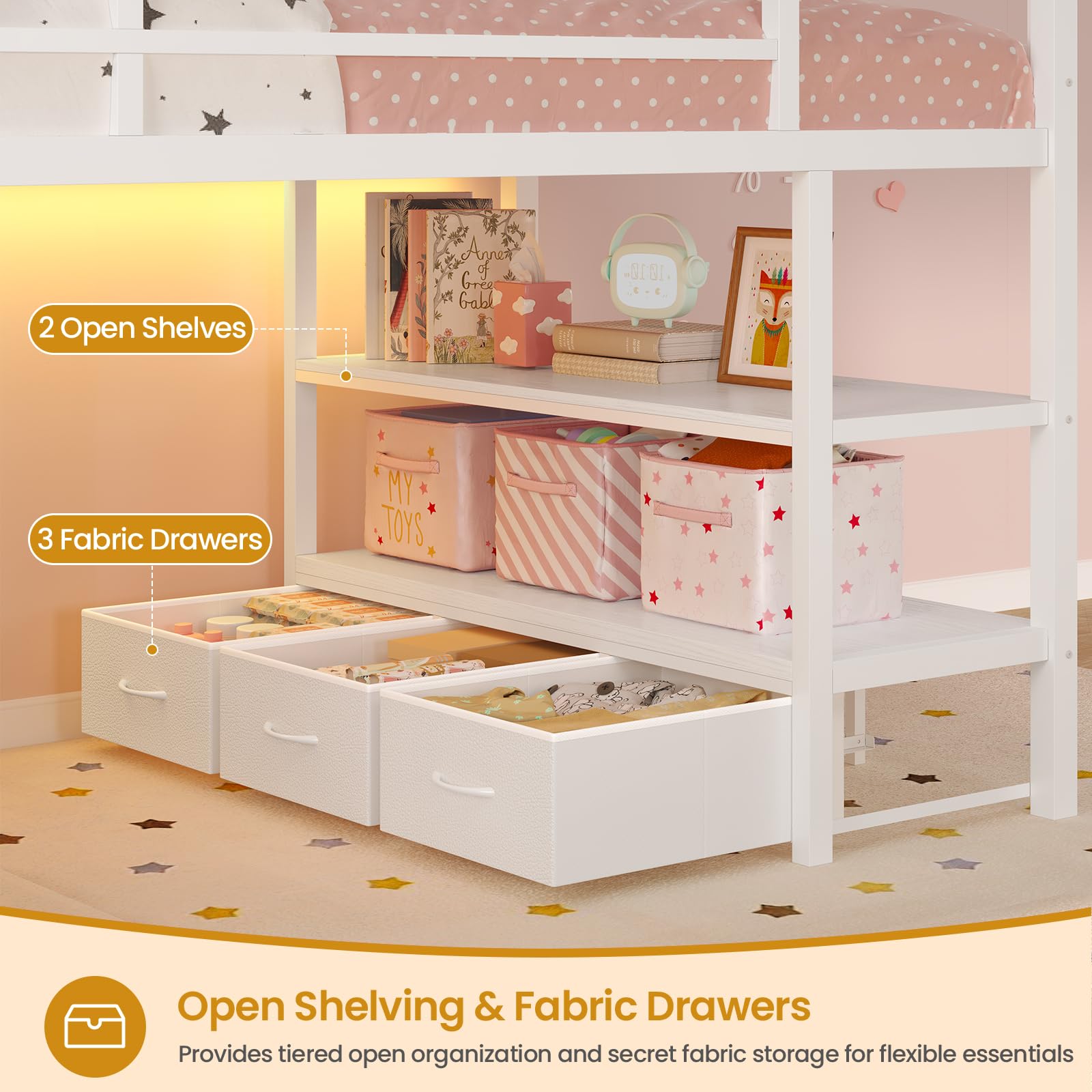 Twin Loft Bed with Storage Drawers and LED Lights