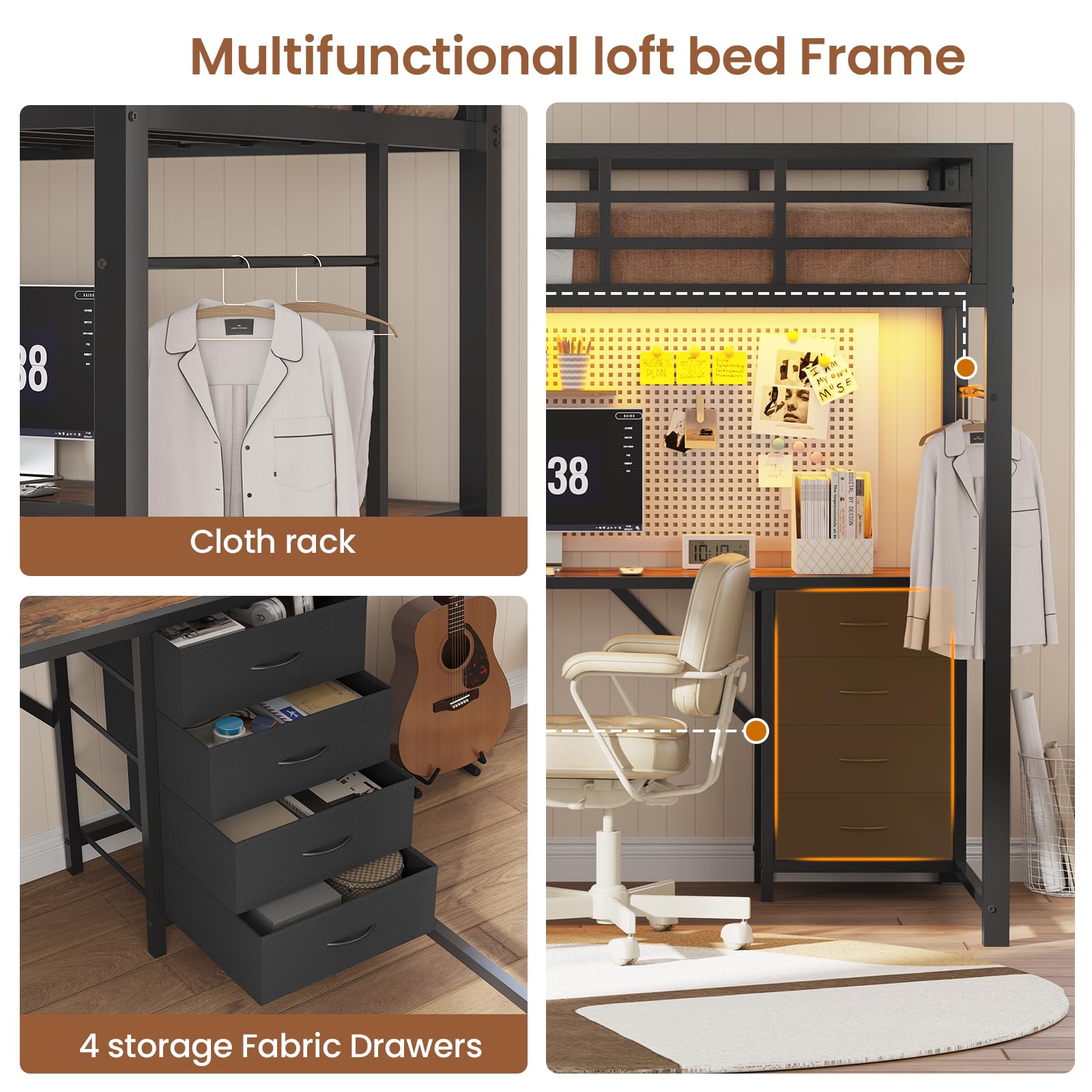 Twin Loft Bed with L-Shaped Desk and Storage